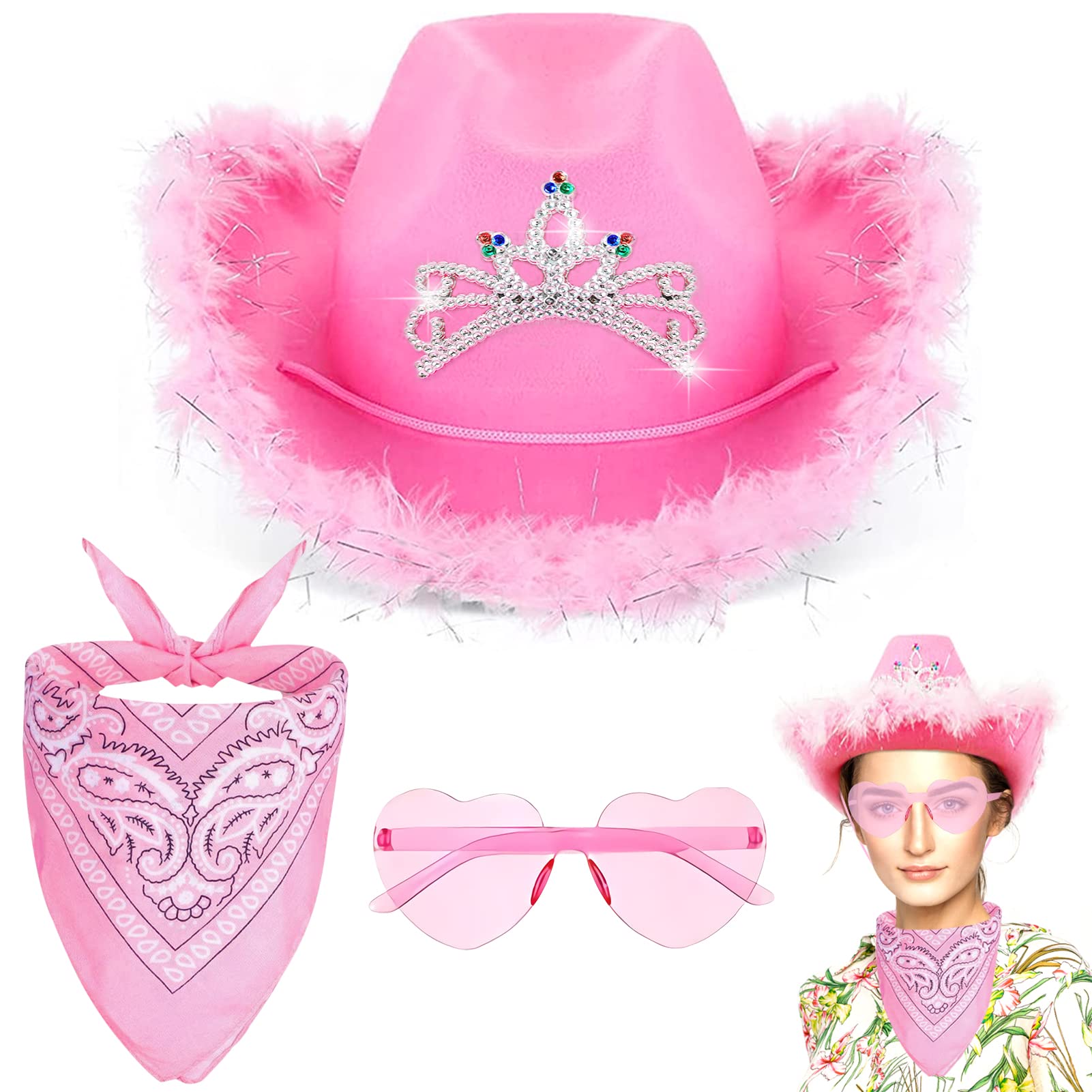 TOPJOWGA Sombrero de Vaquero Rosa, 3PCS Gafas de Corazones Rosa, Sombrero de Fieltro para Mujer, Sombrero Retro con Lentejuelas y Corona de Tiara, Sombrero de Vaquera para Halloween Carnaval Cosplay