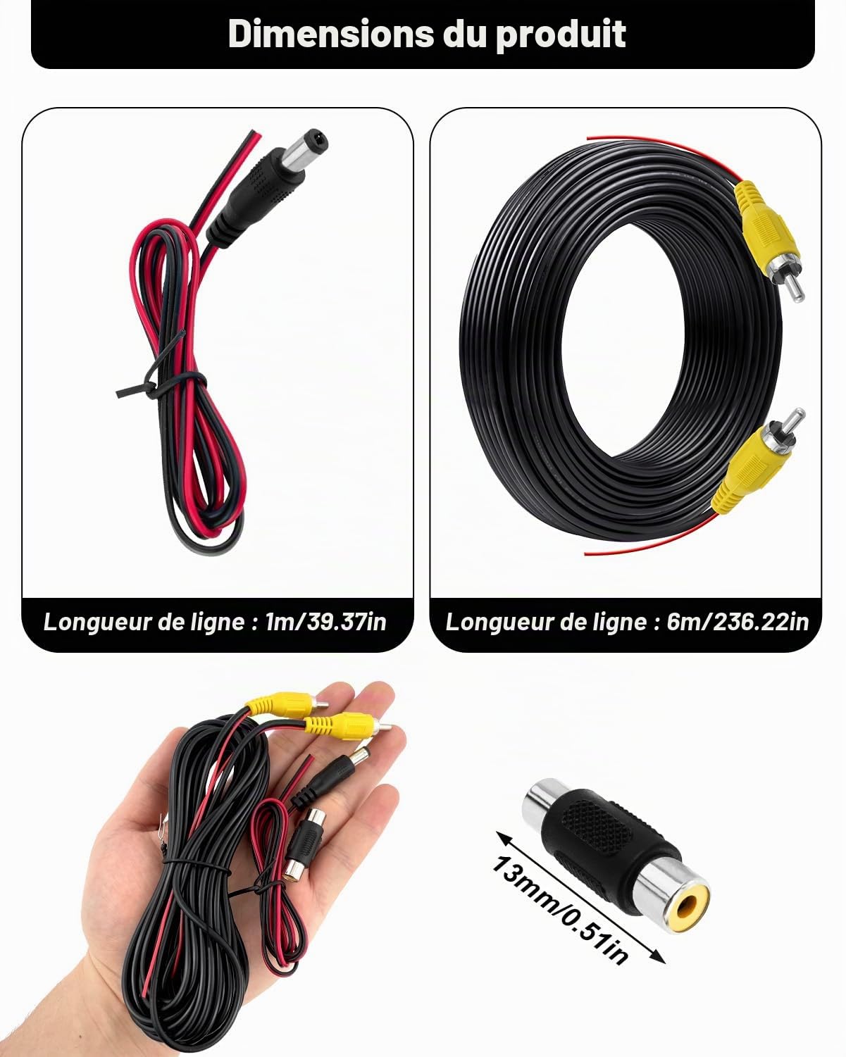 6M Cable Camera de Recul Double Blindage Amélioré pour Connecter Un Moniteur et Caméra de Recul, Vidéo Cable Rallonge Male Male avec 1 Adaptateur RCA Femelle Femelle et 1M d'alimentation DC Extension
