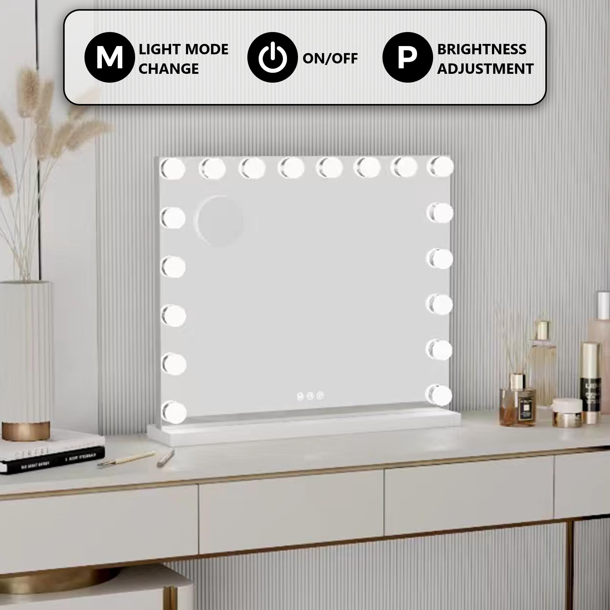 Bayt Specchio trucco con luci e Bluetooth, Specchio cosmetico Hollywood - Trucco - 80x60 - Dimmerabile - Ingrandimento 10x (Bianco)