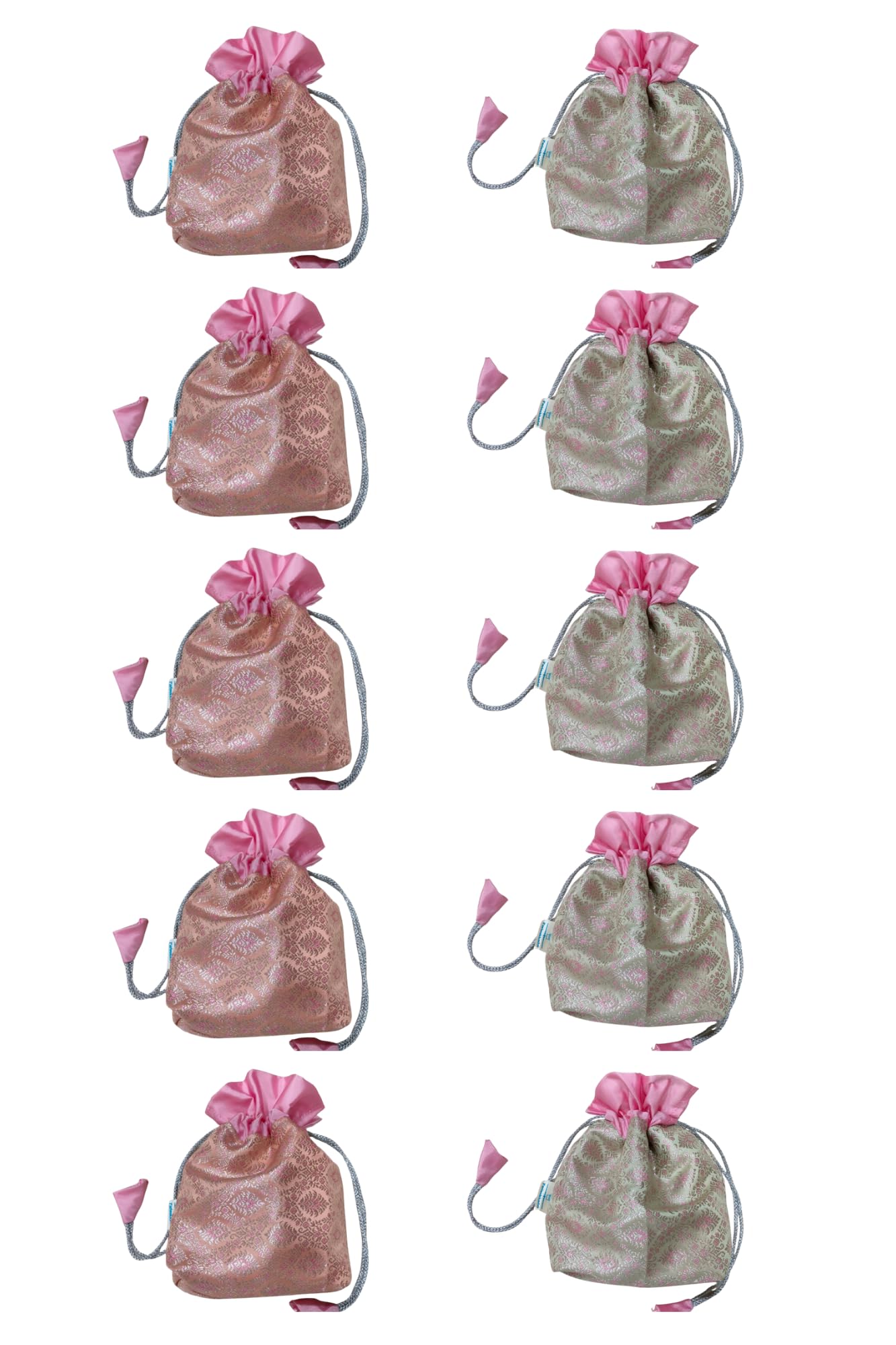 Banaras Potli Bags | Pastel Peach & Green | Elegant Party Favor | Banaras & Raw Silk with Satin Lining | Silver Rope | Pack of 10-image-25