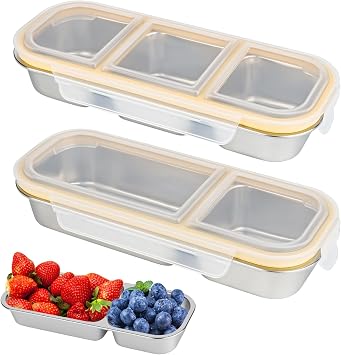 2Pcs Snack Box with Compartments 2 & 3 Compartments Stainless Steel Bento Box - Reusable Food Storage Containers for Adults with Airtight Lid Lunch Boxs for Daycare, School, Work, Travel  600ml