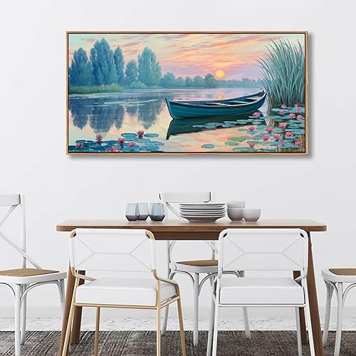 Miniatura 4 de Arte de pared de paisaje de verano, pinturas en lienzo enmarcadas en lago, decoración de pared de bosque, pintura verde, barco, obras de arte para