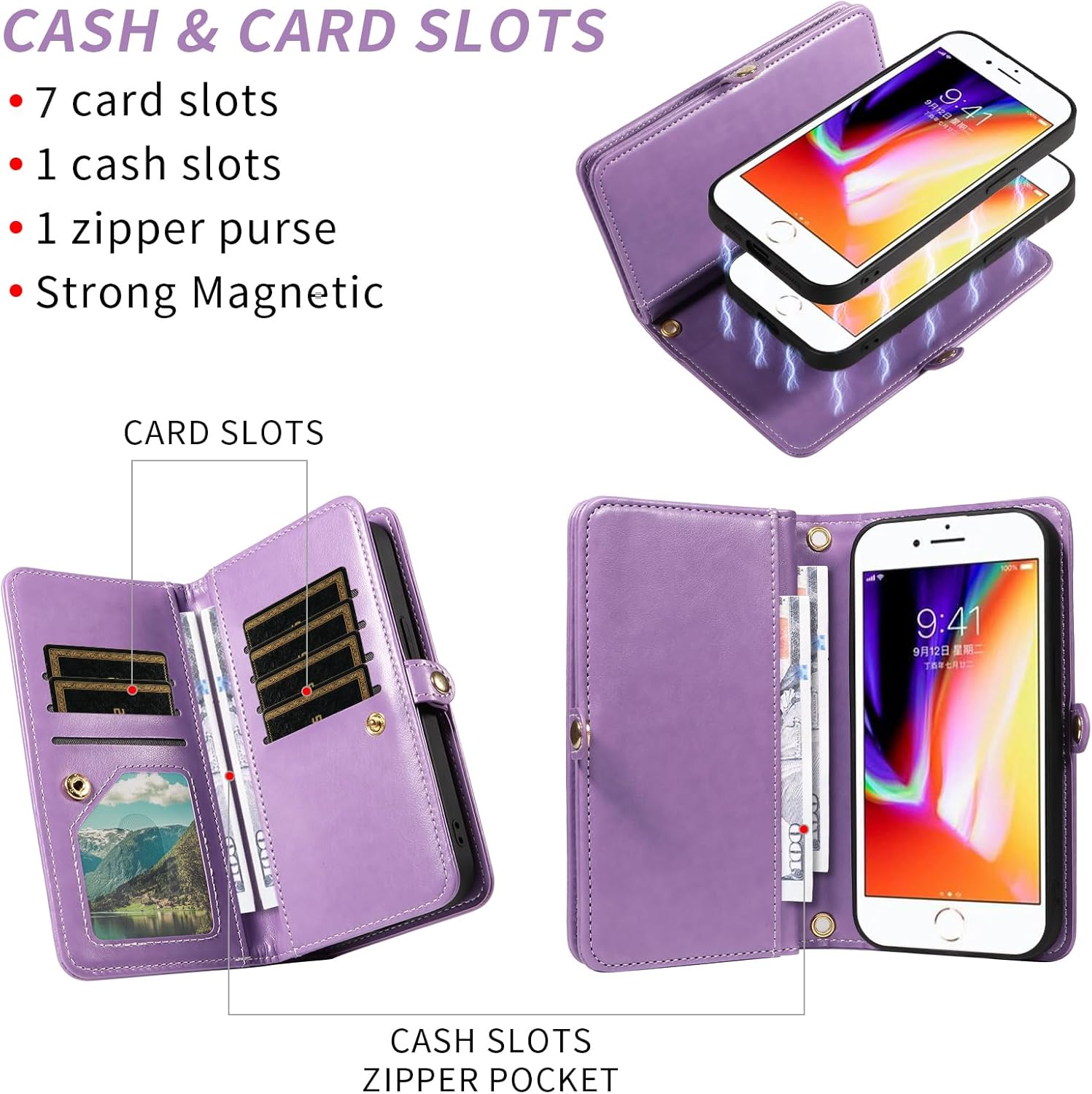 Phone Case for iPhone 7/8/SE 2020/2022 Zipper Wallet Cell Cover with Screen Protector Strap Flower Card Holder iPhone7 iPhone8 7s 8s i SE2020 SE2022 2/2nd/3/3rd Generation SE2 SE3 7SE 8SE Women Purple