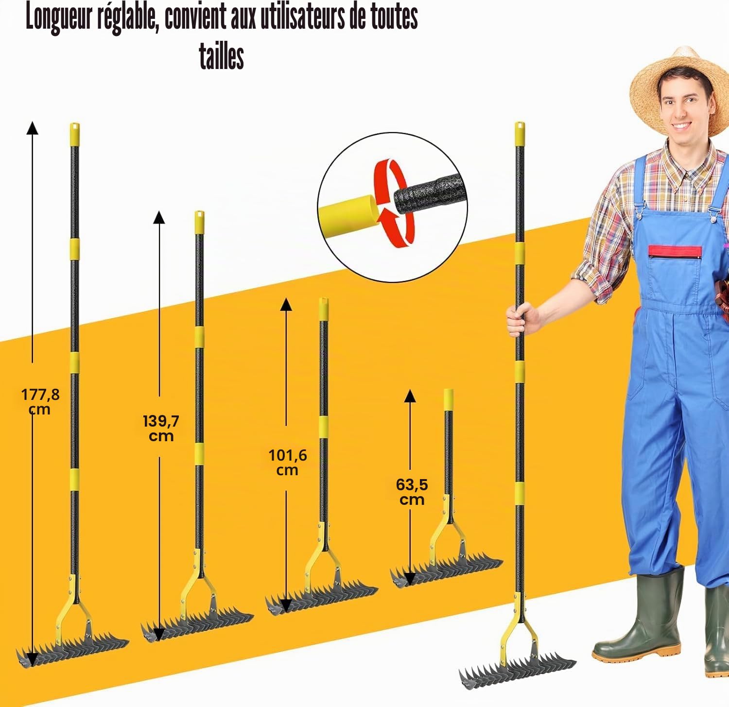 Râteau, 140cm Râteau de Jardin Robuste en Acier Inoxydable avec Long Manche Réglable et Lame Tranchante - Multifonction Râteau à Paille avec 19Dents Double Couche pour Désherber, Fertiliser Lawn/Gris