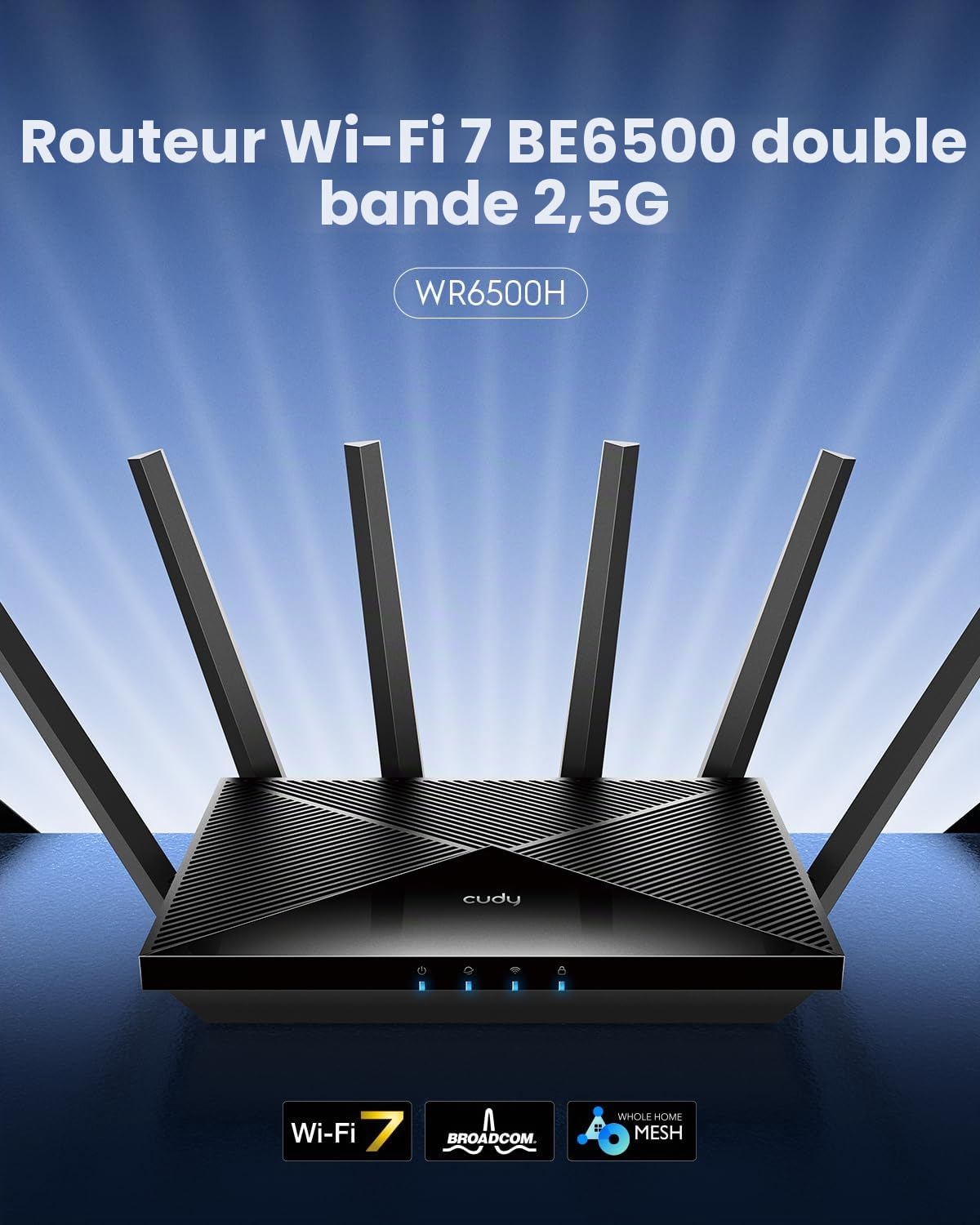 Cudy BE6500 WiFi 7 Dual-Band Router, WAN Porta 2,5G, Client e Server VPN, Controllo Cudy App, CPU Broadcom Quad-Core 2 GHz, WR6500H