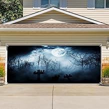 Halloween Garage Door Cover Bakcdrop Horror Night Scary Foggy Forest Creepy Cemetery Garage Door Decorations Banner Gloomy Full Moon Crows Halloween Garage Door Banners 12x10ft Vinyl