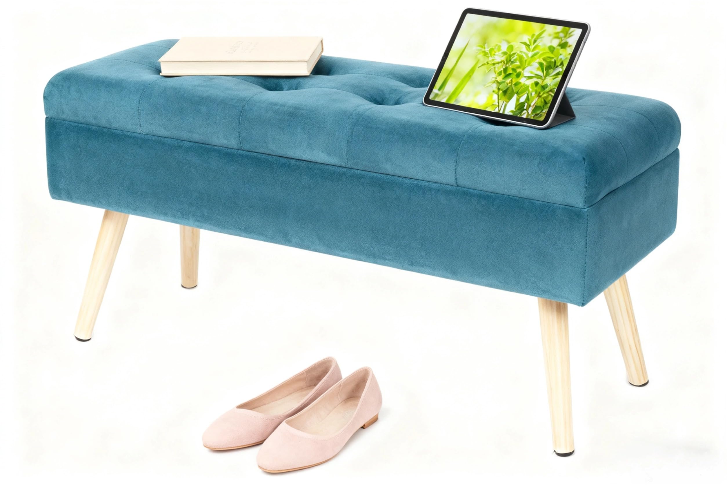 Hawthyhome Gepolstert Sitzbank mit Stauraum, Polsterbank mit samten Aufbewahrungsbox, Fußhocker mit Holzbeine für Flur Wohnzimmer Schlafzimmer 80 × 35 × 43 cm