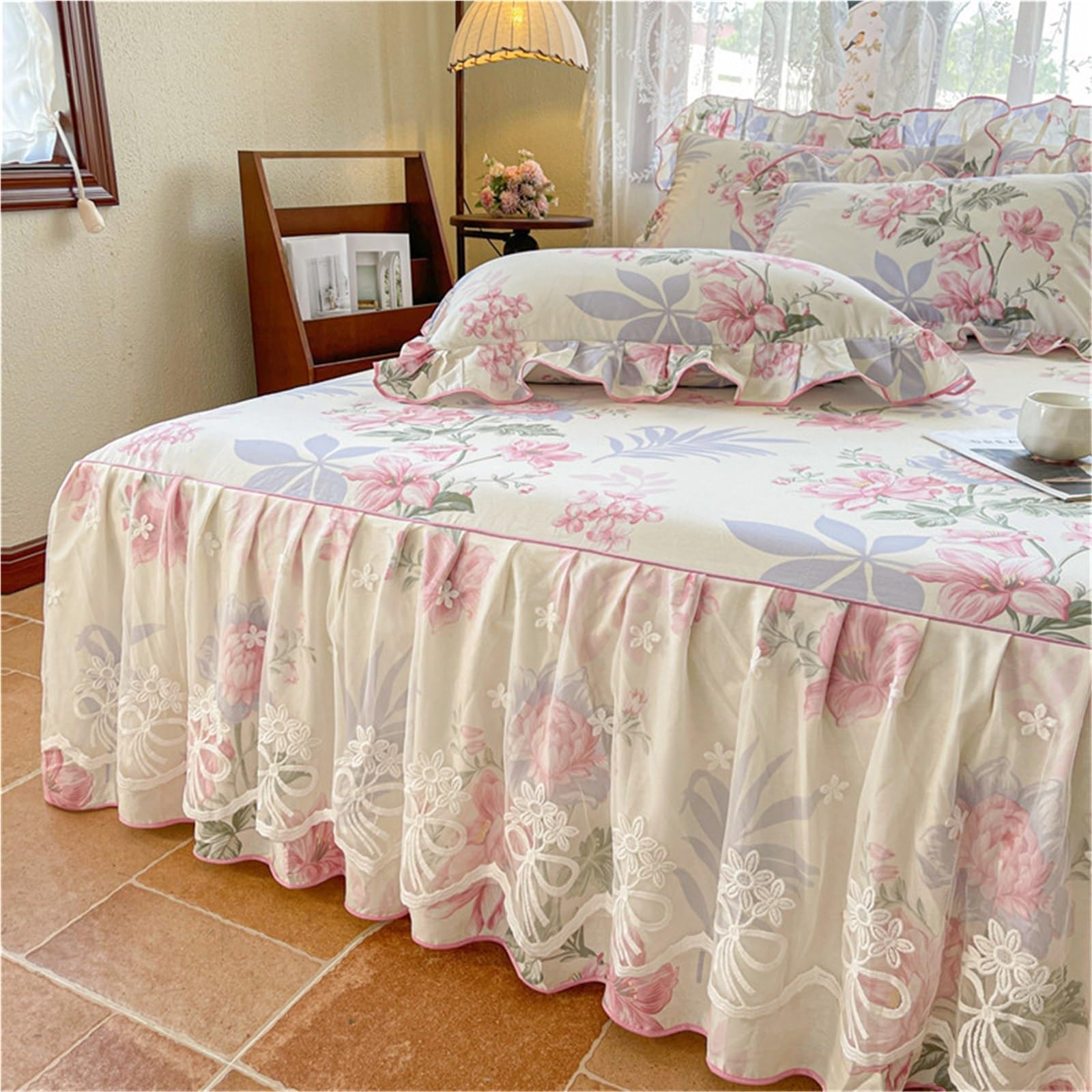 Falda De Cama De Encaje, Cubierta De Volantes for el hogar, Colcha Suave De algodón Puro, Falda De Cama De Lino (sin Funda De Almohada), 1 ud.(H,180x200x45cm 1pc)