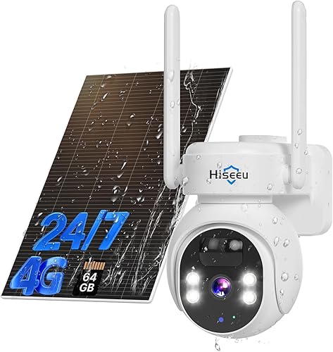 Hiseeu Cámara de seguridad celular 4G LTE alimentada por energía solar, siempre en video, sin cámaras de seguridad WiFi inalámbricas para
