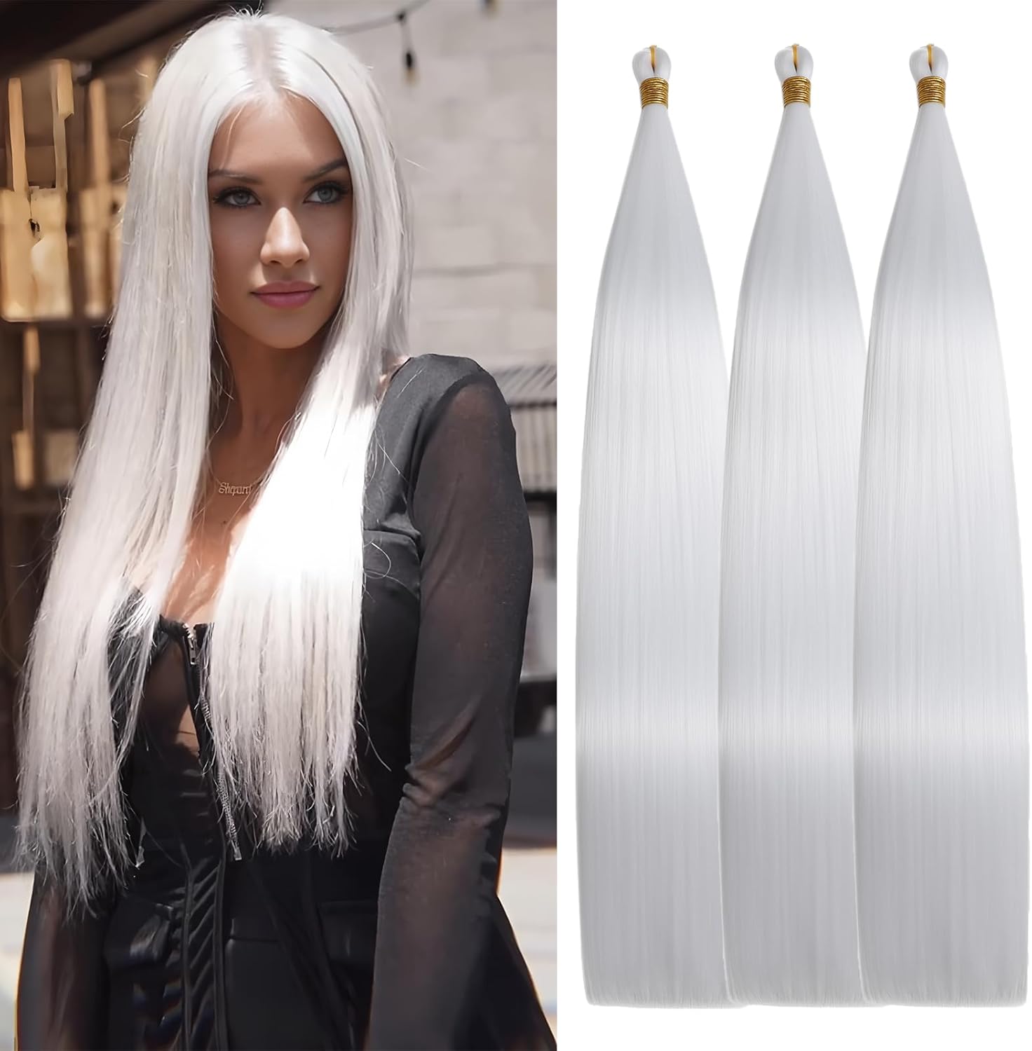 Locescsoc 28 Inch Straight Hair Extensions 150g 3 Packs Bone Straight Braiding Hair, Soft Synthetic Bundles Crochet Braids Hair Bundles for Braiding (white, 28 Inch 3 Packs)