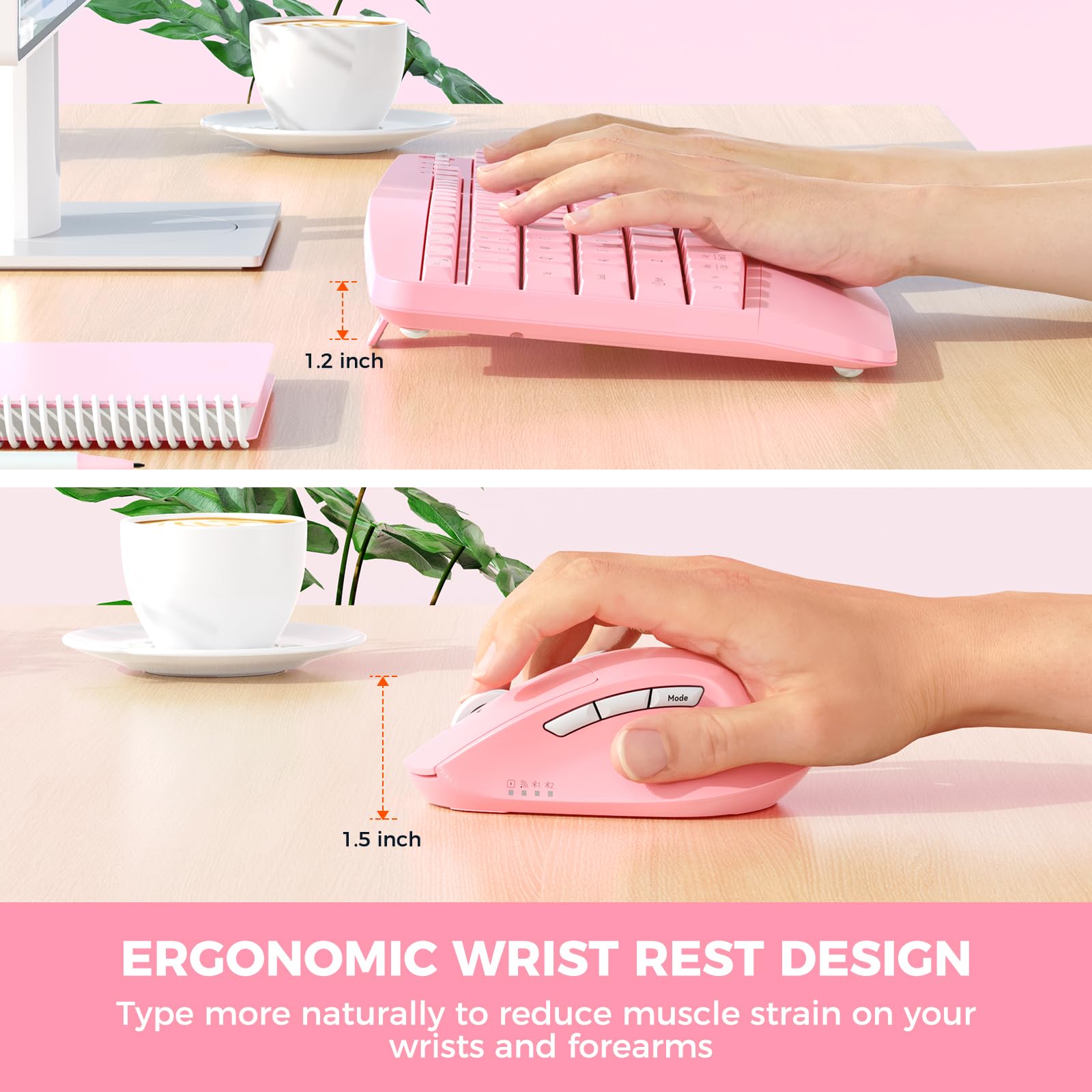 MEETION Wireless Keyboard and Mouse, Bluetooth Ergonomic Keyboard with Wrist Rest, Multi-Device, 3-Level DPI Wireless Mouse for Windows/MacLaptop/Computer/PC/iPad/Andriod, Pink