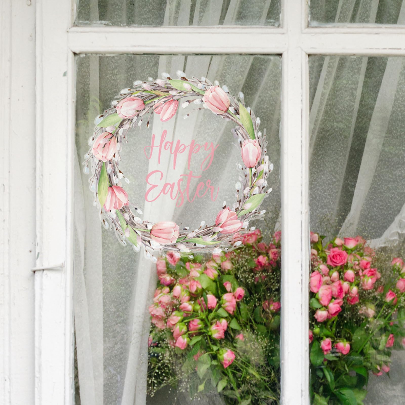 Stickerscape Happy Easter Wreath Window Sticker | Easy to Apply | Repositionable and Reusable | Viewable from Both Sides of A Window | Spring and Easter Themed Window Stickers (Pink Reversed)