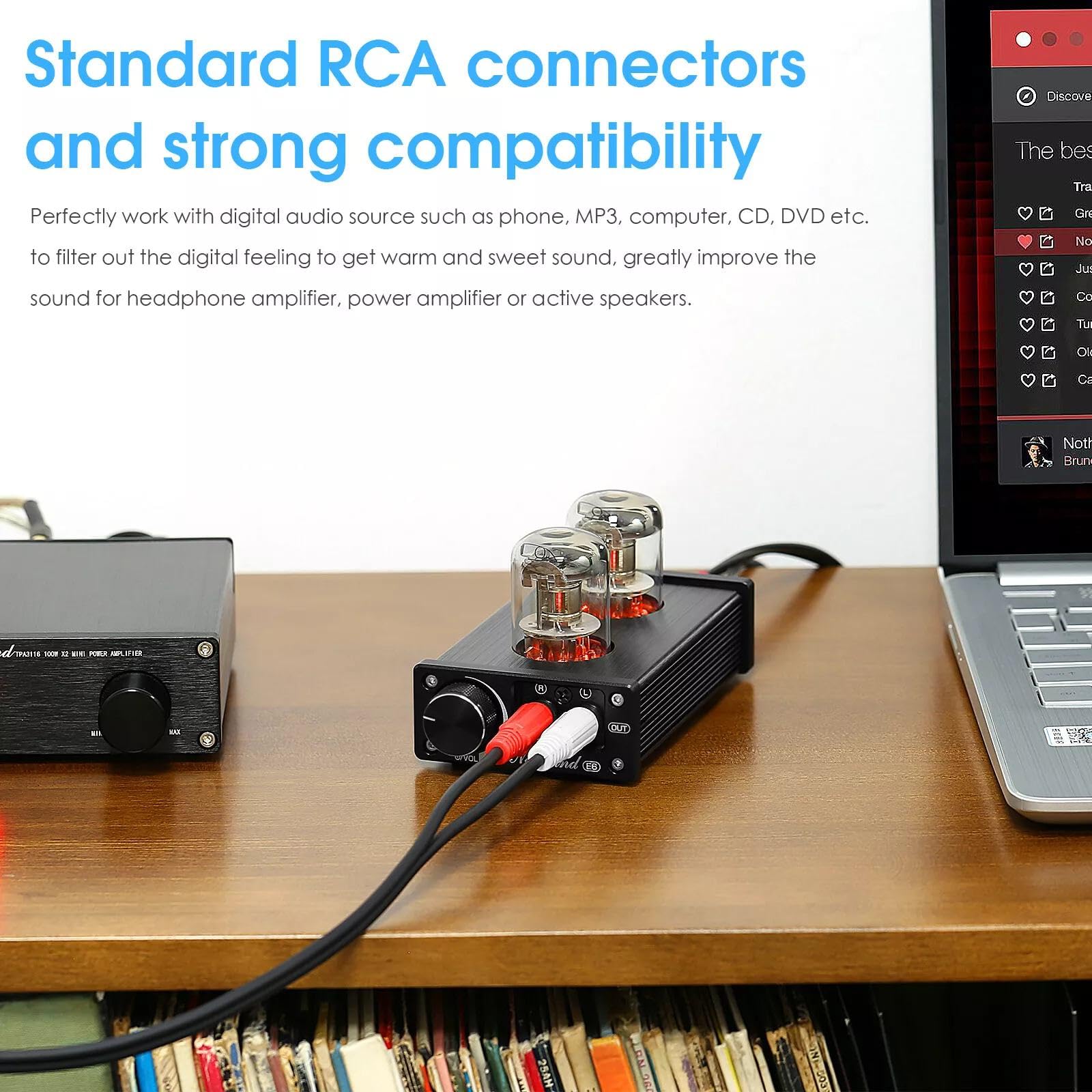 Nobsound E6 - Preamplificador de tubos de calefacción directa, preamplificador de audio estéreo de escritorio con ajuste de volumen