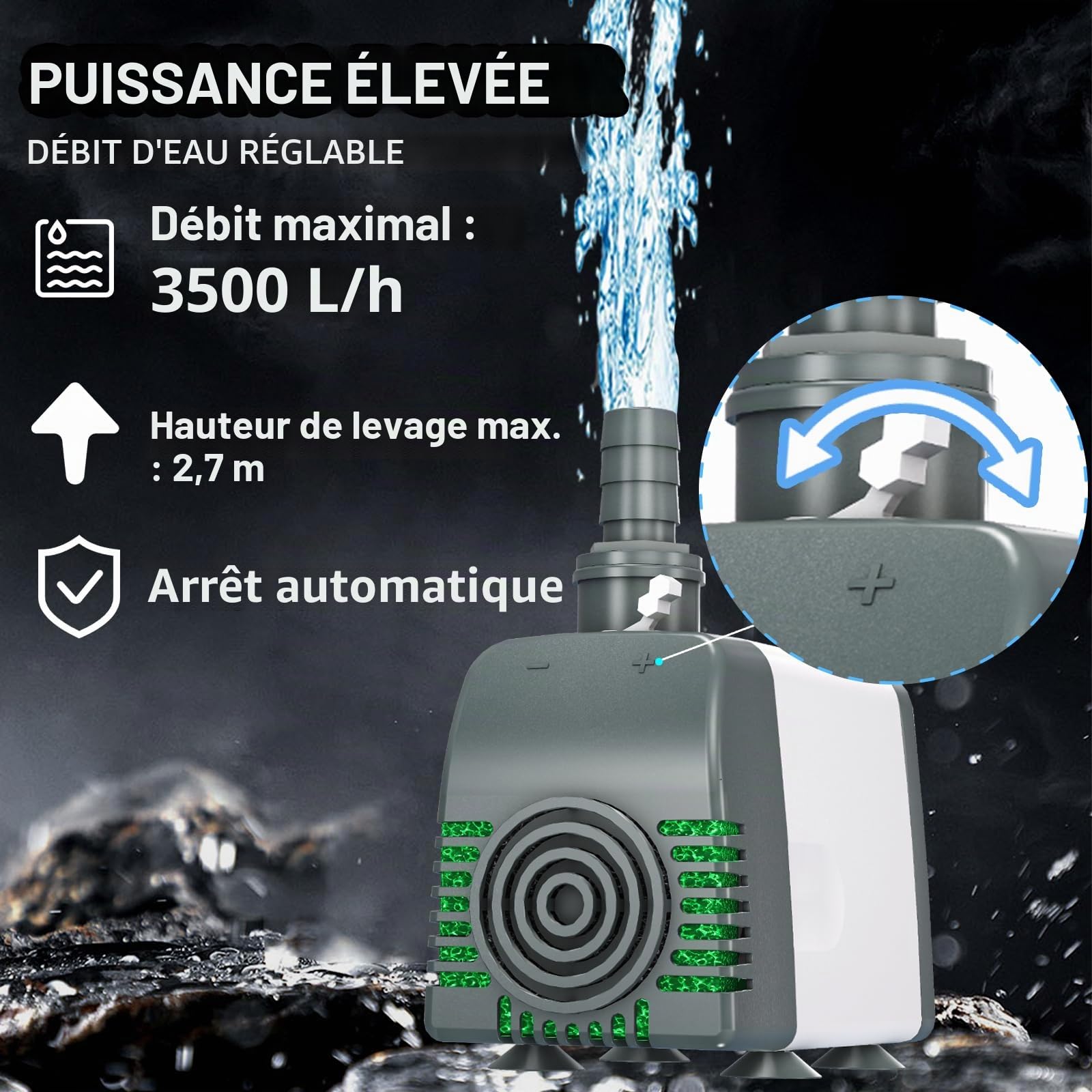 Knifel Pompe à Fontaine 45W 3500 L/H, Arrêt Automatique Niveau Bas | Protection Contre La Surchauffe, Ultra Silencieuse - Câble 1,8m Pour Bassins, Aquariums, Fontaines et Systèmes Hydroponiques