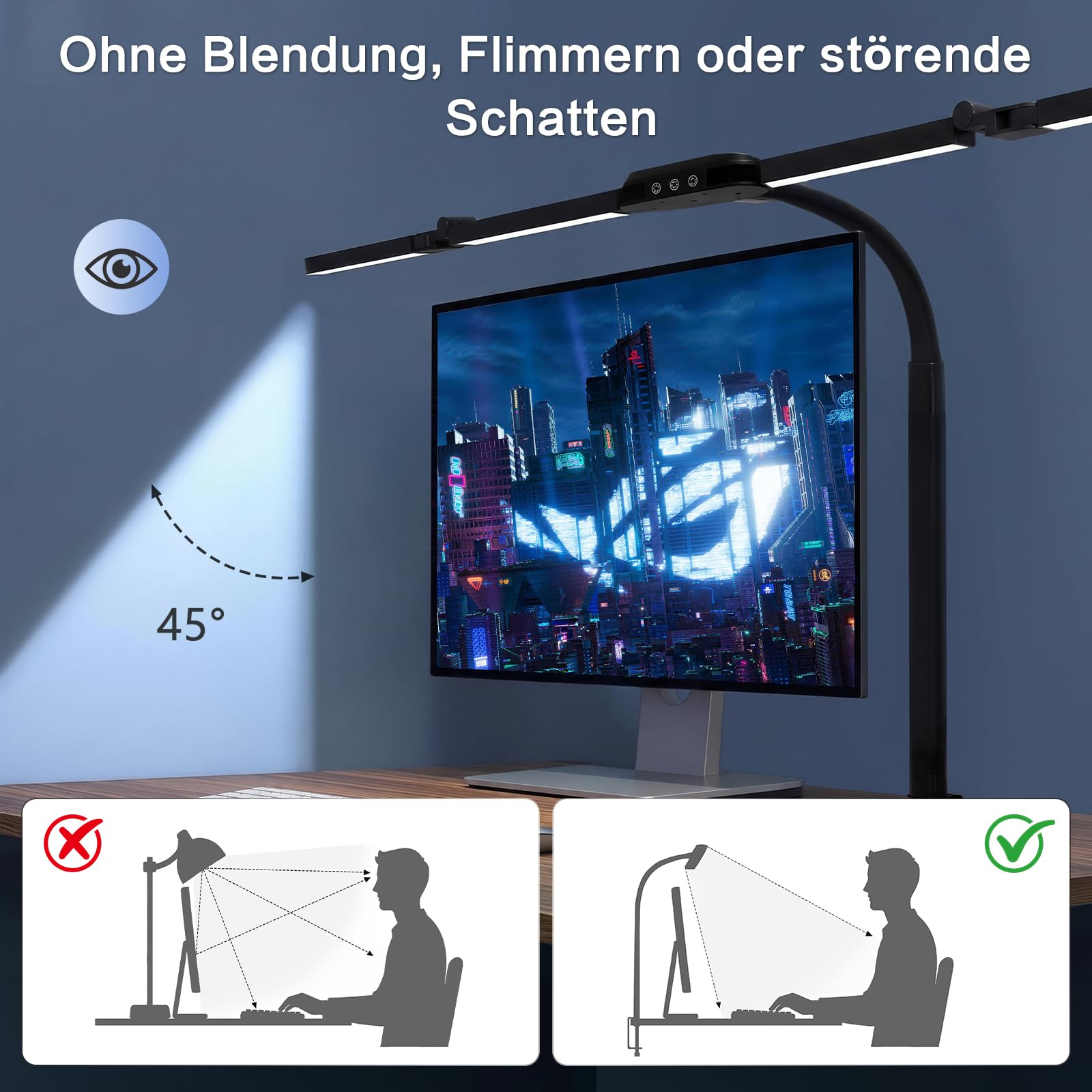 Schreibtischlampe mit RGB, 120cm LED Tischlampe mit Fernbedienung | Monitor Lampe klemmbar dimmbar für mehrere Monitore geeignet, Tageslichtlampe für Büro, Lesen, Architekten, Schneider