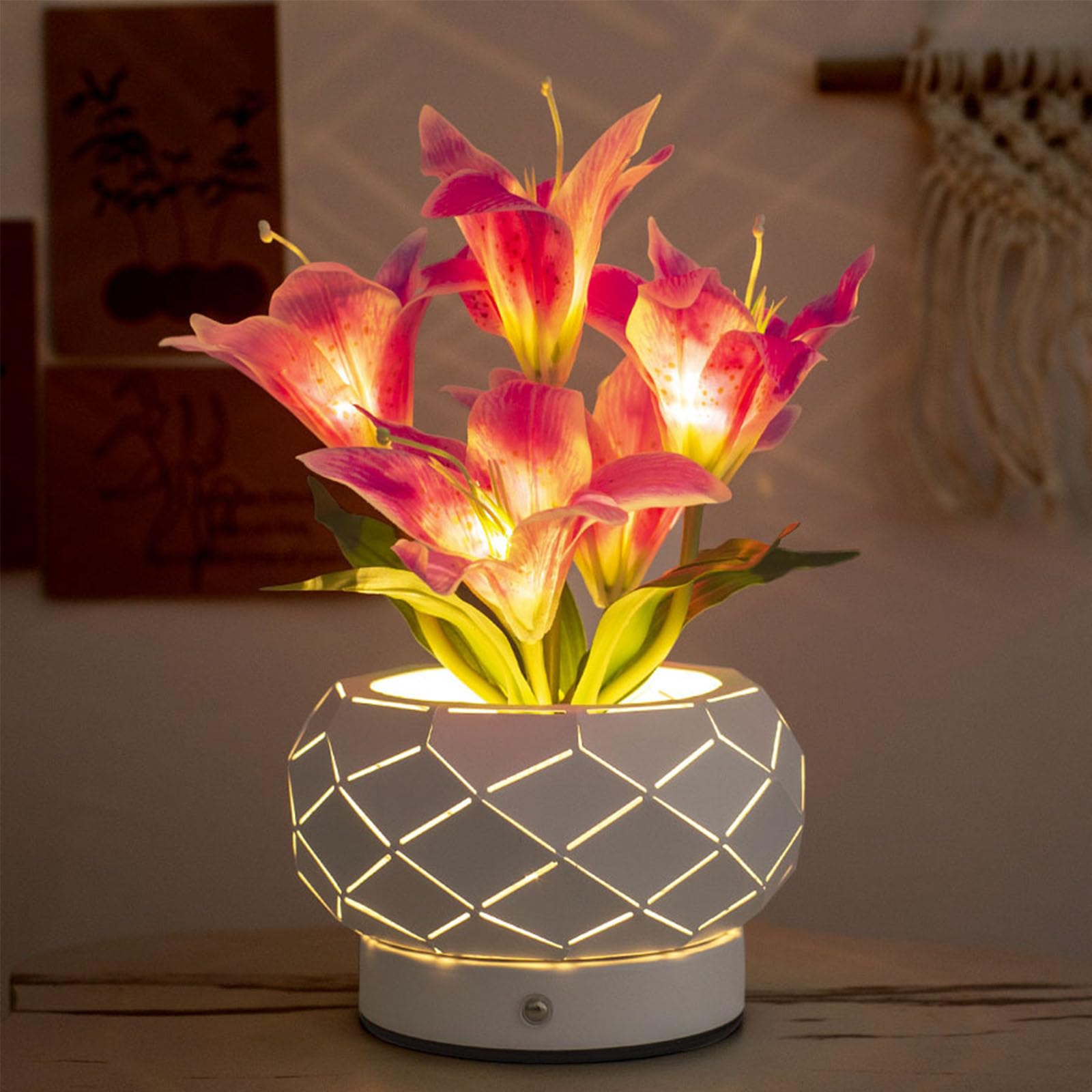 Purple Lily Rechargeable Wireless Desktop Desk Lamp 3-Color Dimmable Simulated Flower Decorative Lamp Geometric Hollow Iron Flower Pot for Coffee Shop and Party Decoration(Lily Purple 4.7*4.7*11.4in)