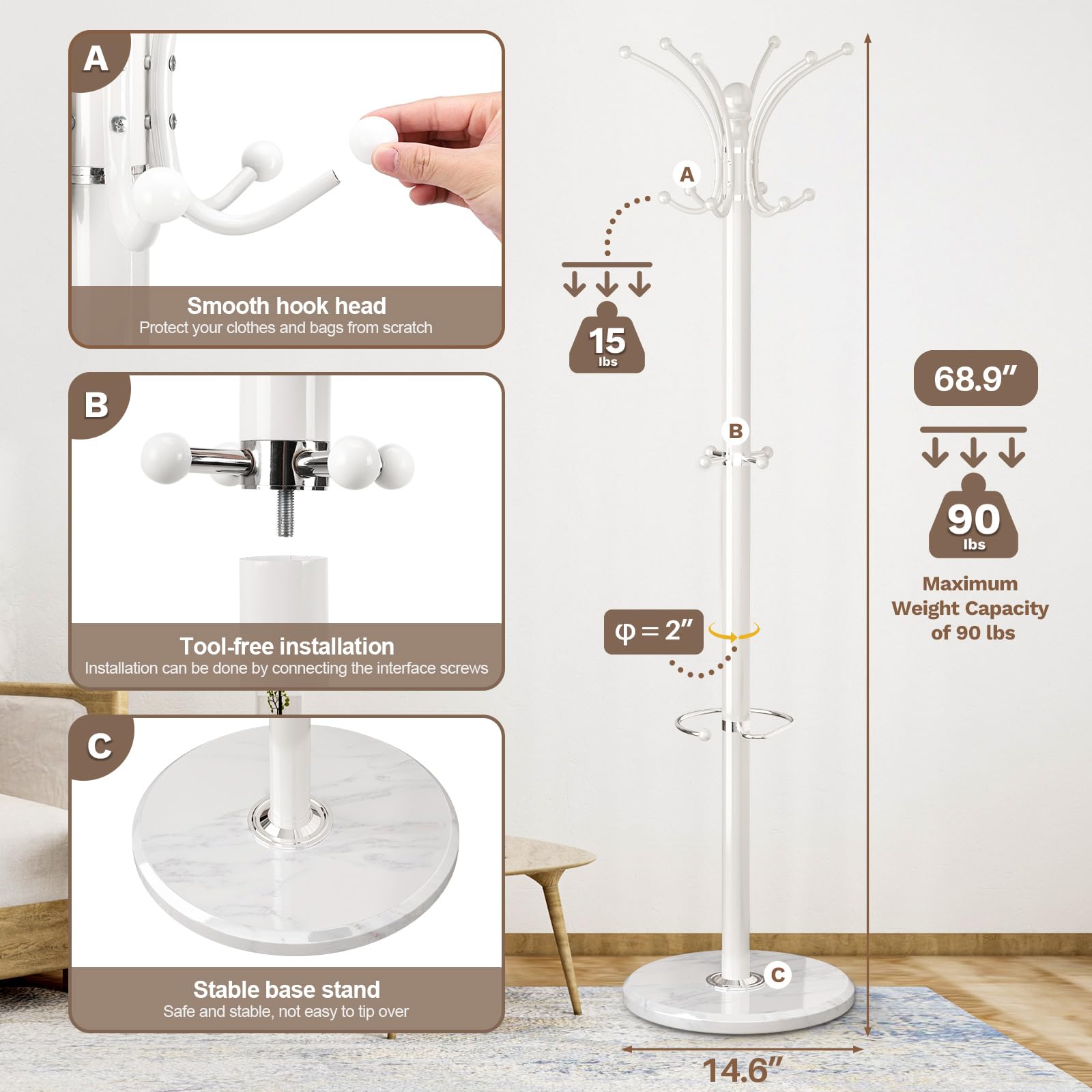 Vilaxing Coat Rack Freestanding with Marble Base, Heavy Duty Coat Tree with Hooks and Umbrella Holder, Metal Hall Tree for Hanging Clothes, Hats, Scarf, Bag, Hanger Stand for Entryway,Bedroom