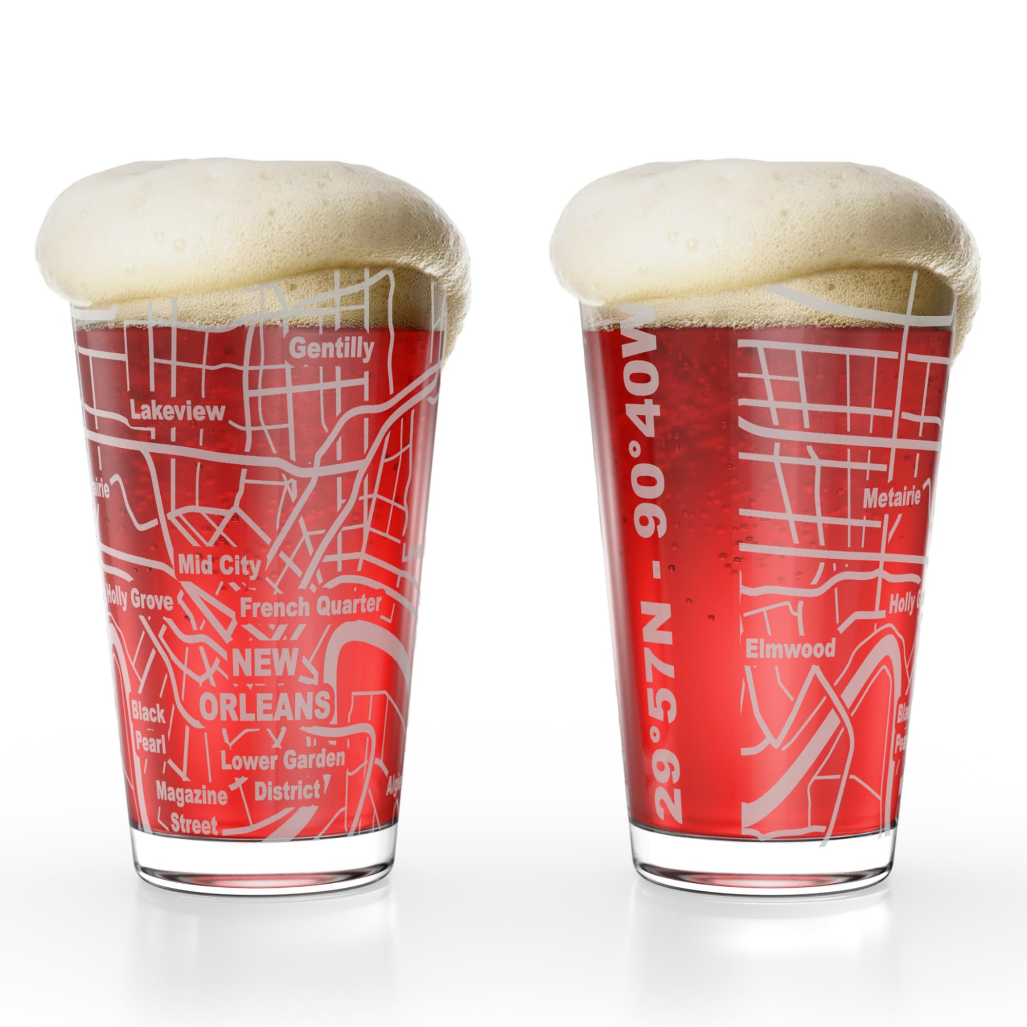 Greenline Goods New Orleans LA Map Pint Beer Glasses Set of 2 16 oz Etched Wrap Design