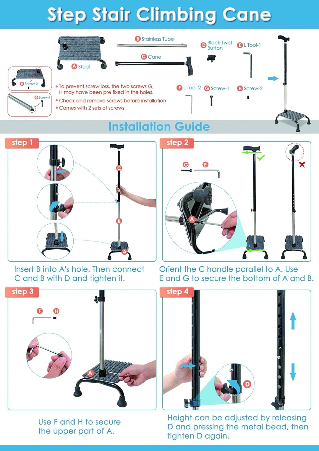 Bastone da arrampicata per scale a mezzo gradino, aiuto per gli anziani, bastoni da passeggio a 4 rebbi, base quadrupla, supporto regolabile per salire e scendere le scale, dispositivi di assistenza