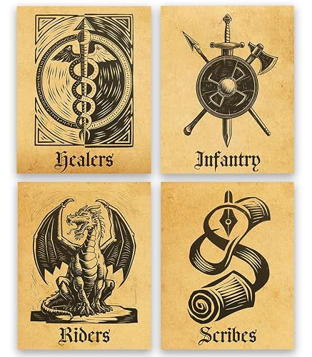 War College Four Quadrants 8x10 Set of 4 Unframed Poster - Medieval Fiction Wall Art - Healers, Infantry, Riders, Scribes, Vintage Fantasy Role-Playing Game Decor, Sword and Shield, Dragon & Caduceus