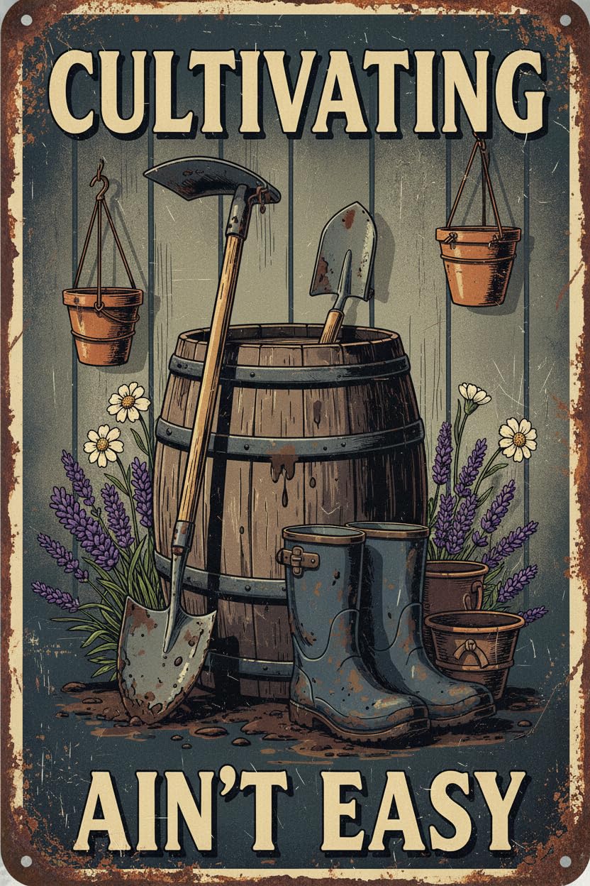 Hoeing Ain't Easy Garden Tin Sign, 8x12 Inch Decor