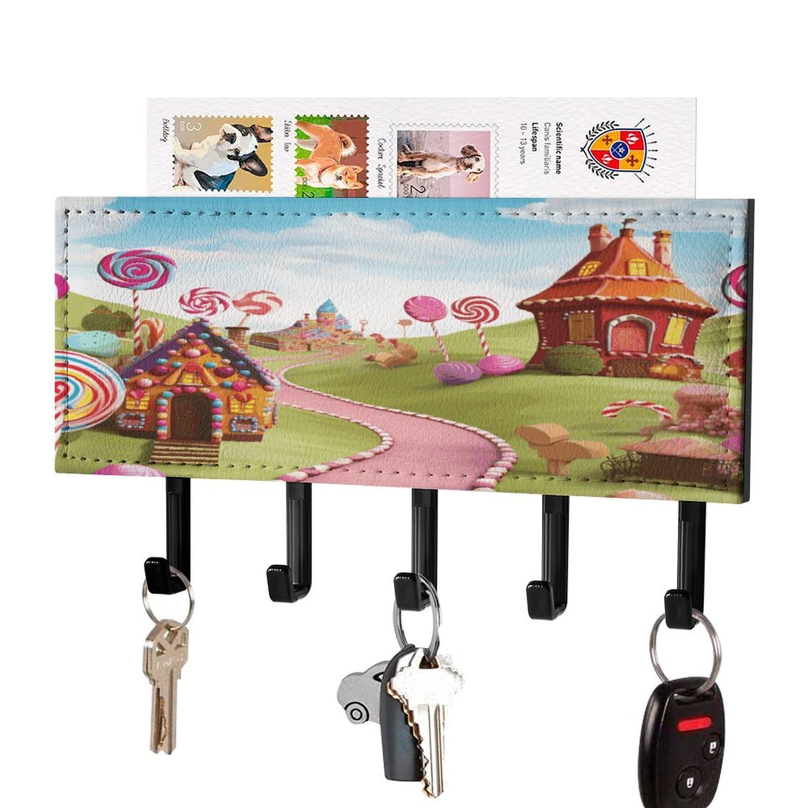 Fekiloot Black-Style Candy Key Holder Wall Mount Key And Mail Holder Key Hanger With 5 Hooks Decorative Pu Key Rack Hanging Key Hooks For Wall Living Room Kitchen Bathroom Hallway