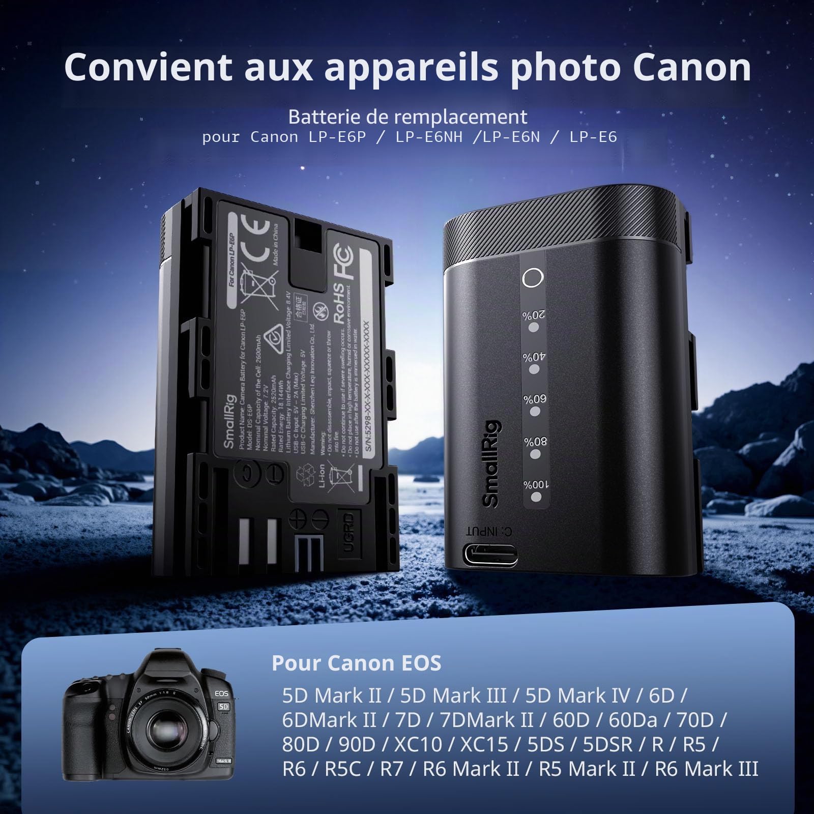 SMALLRIG LP-E6P Batterie pour Canon, 2520 mAh, USB-C avec Indicateur LED, Charge Rapide 2,5 h, Entièrement Décodée pour Canon R6 Mark III/II, R5 Mark II/III, 5D Mark II/III/IV, R5, R5C, R6, R7, 6D