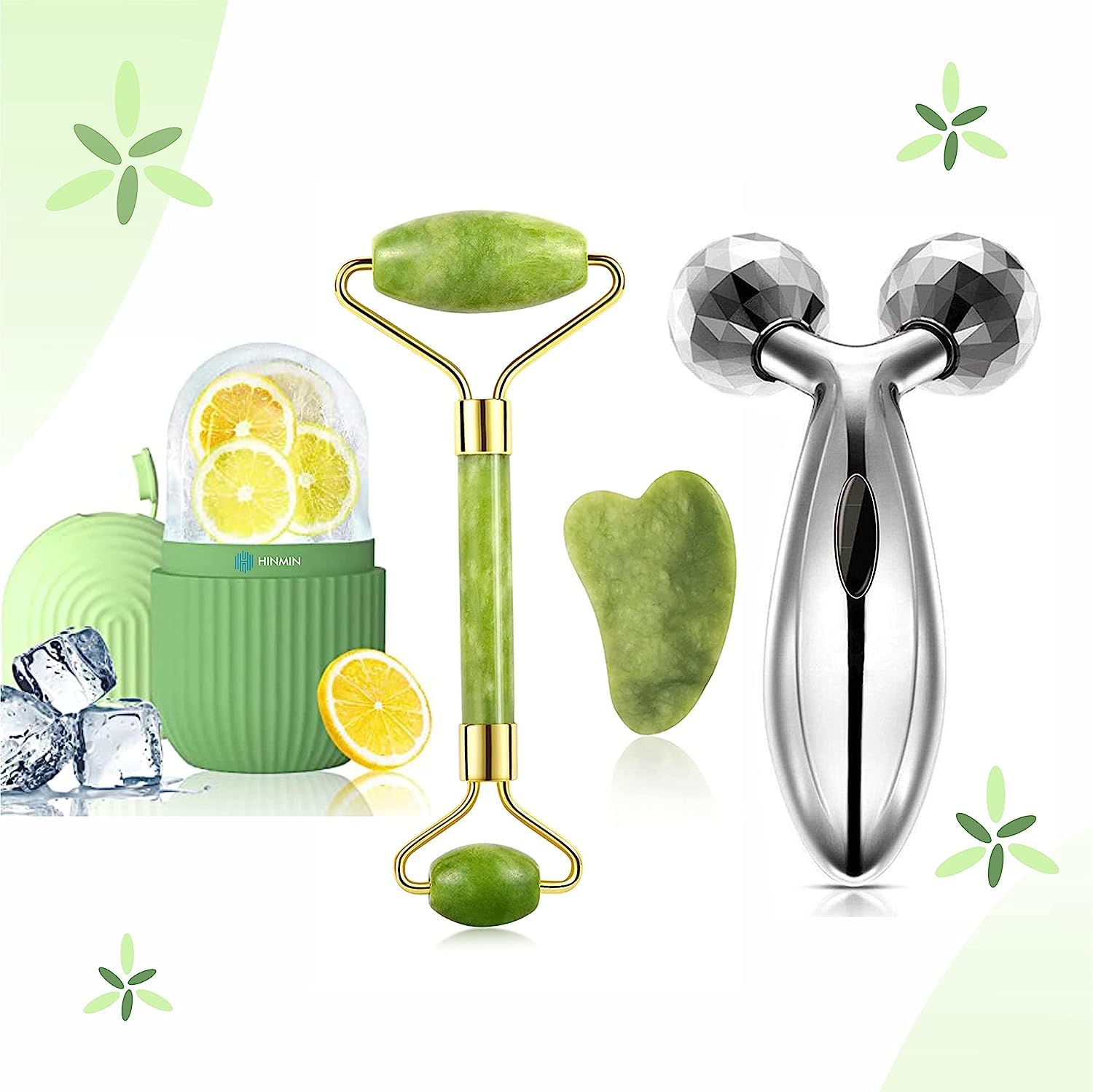 Glowhouse Ice Roller Face Stone Roller Massager with Gua Sha Jade Roller Stone and 3D Massager Roller Set Combo For Skin Eye Body Ice Cube Roller Women Men Reusable