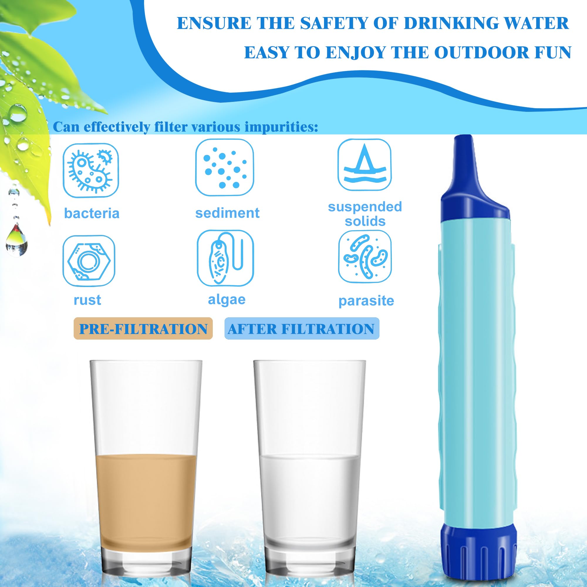 Système de filtration d'eau par gravité, sac de 3 l avec paille filtrante, filtre à fibre creuse et filtre à charbon, pour camping et urgence