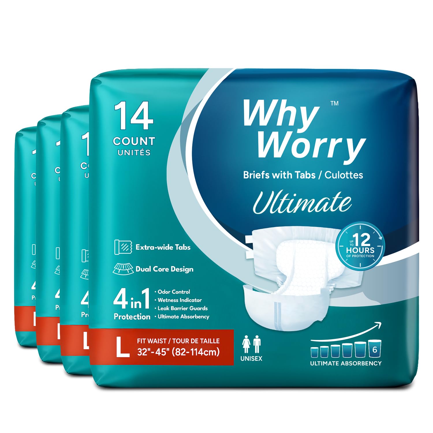 WHYWORRY Ultimate pieluchy dla dorosłych, majtki inkontynencyjne dla kobiet i mężczyzn, pielucha dla dorosłych z ostateczną zdolnością wchłaniania, ochrona przed wyciekaniem na noc, rozmiar L, 56
