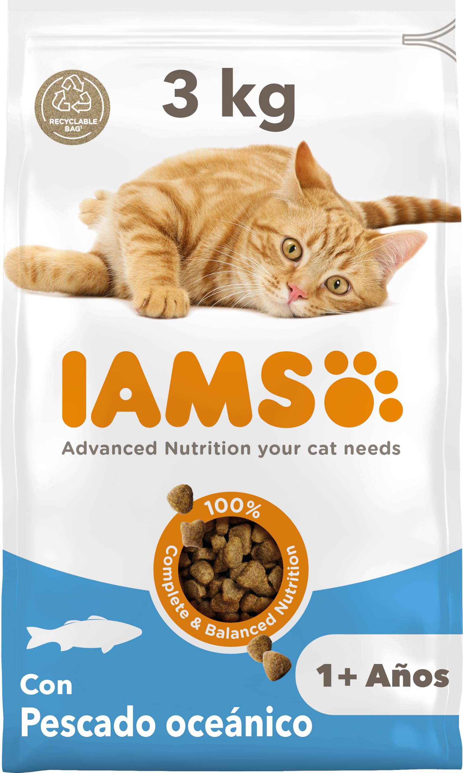 IAMS Alimento seco para gatos con pescado oceánico, comida seca para gatos adultos de más de 1 año, 3 kg