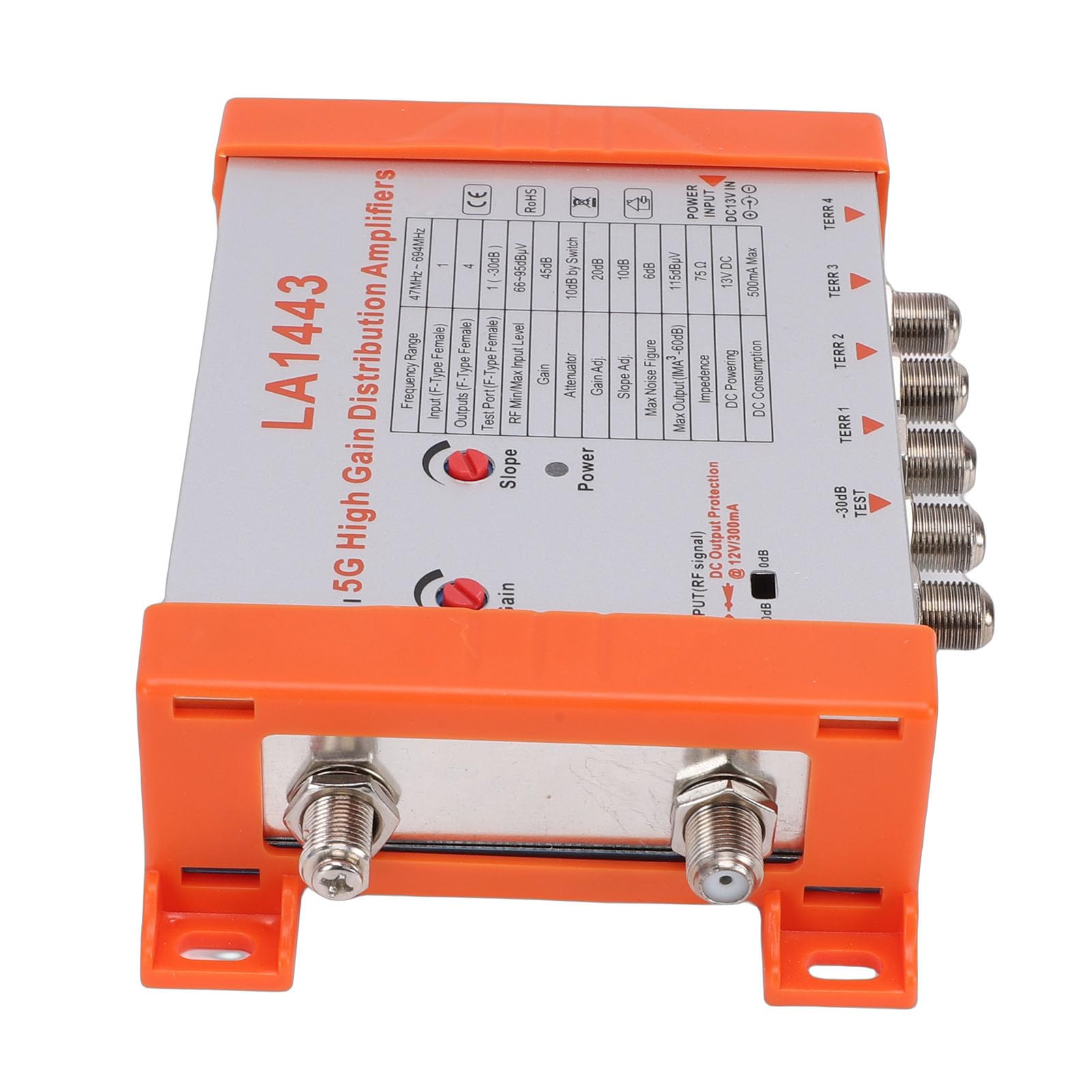 Amplificador de distribución modulador de TV de 4 canales, 45 dB de alta ganancia con IRS en cascada y filtro 5G LTE, para divisor de señal de antena de TV por cable (enchufe de EE. UU.)
