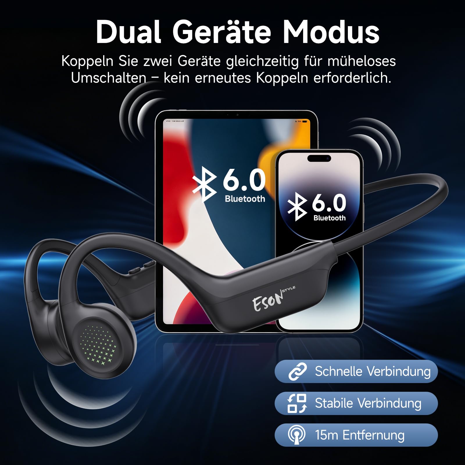 esonstyle Knochenschall Kopfhörer Bluetooth 6.0 - IPX7 wasserdichte Bone Conduction Headphones mit Mikrofon, 10H Akkulaufzeit, Open Ear Kopfhörer Kabellos für Fitness Radfahren Läufer (Schwarz)
