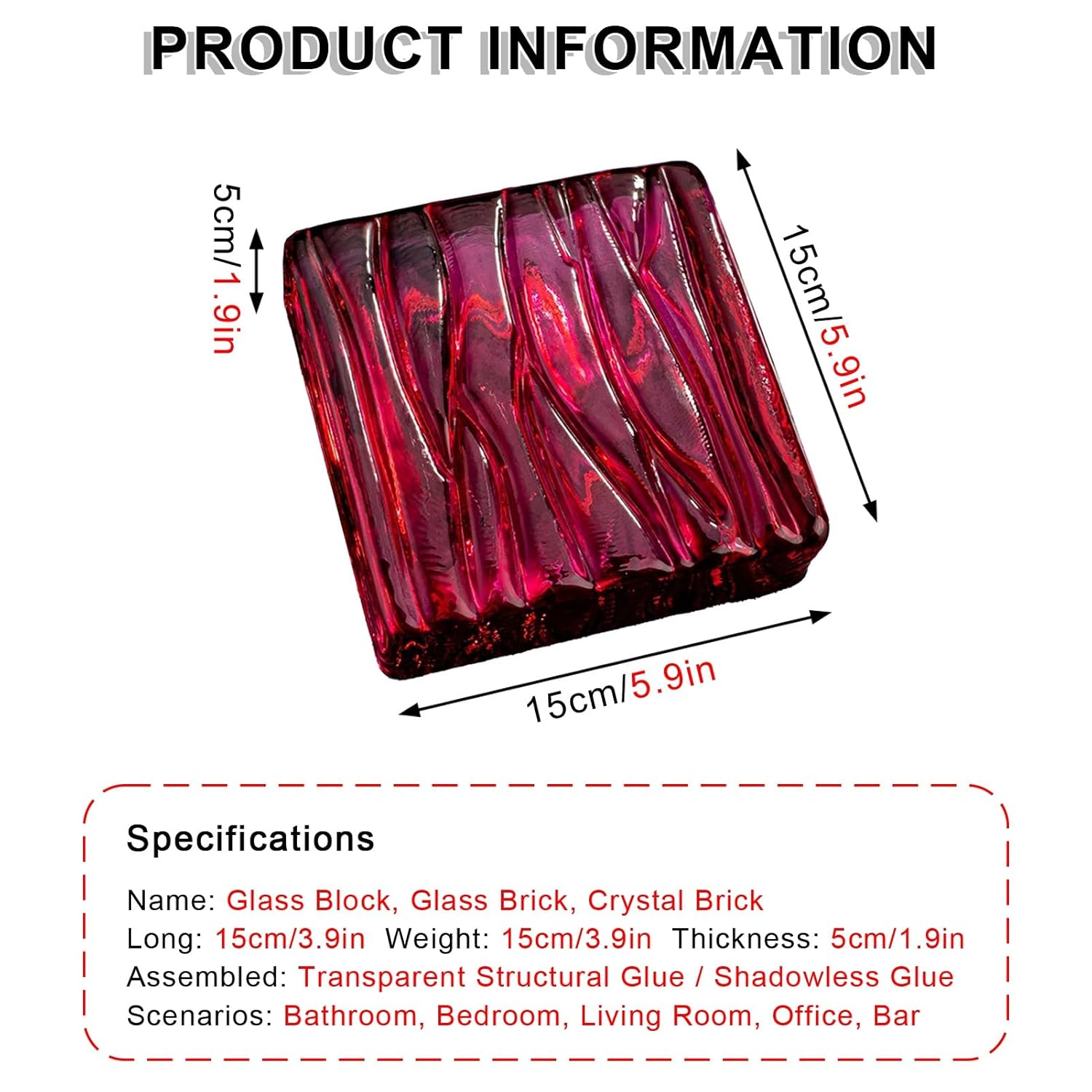 High Transparency Colored Glass Blocks Ice Crystal Textural Sided Glasses Bricks for Bathroom Bedroom Wall Partitions(Red)