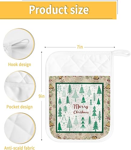 Miniatura 3 de Juego de 2 soportes para ollas de Navidad para cocina, antideslizantes y aislantes de calor, juego de agarraderas de tela de toalla con bolsillo,