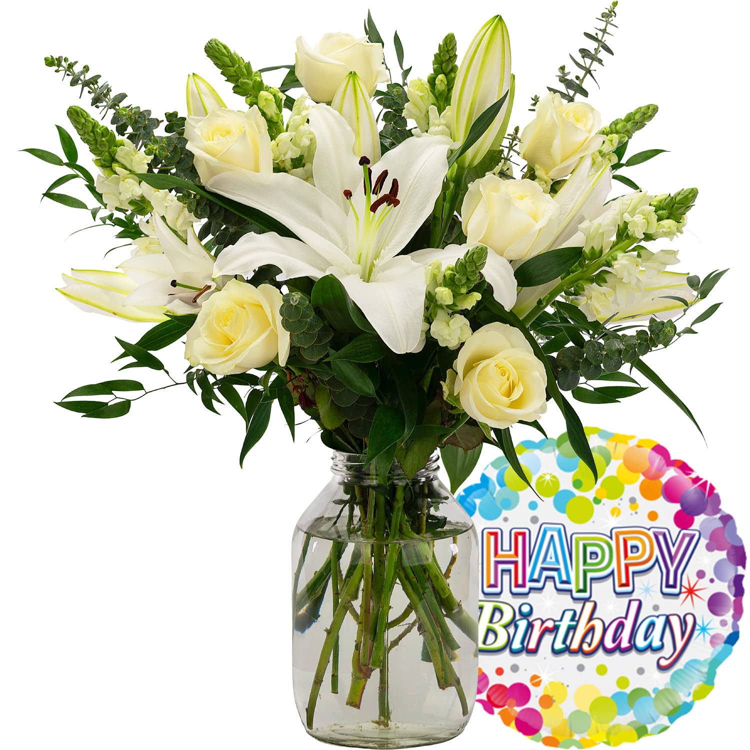 InterBloom | The Grace - Next Day Large White Lily and Rose Beautiful Fresh Flower Bouquet with a Birthday Balloon