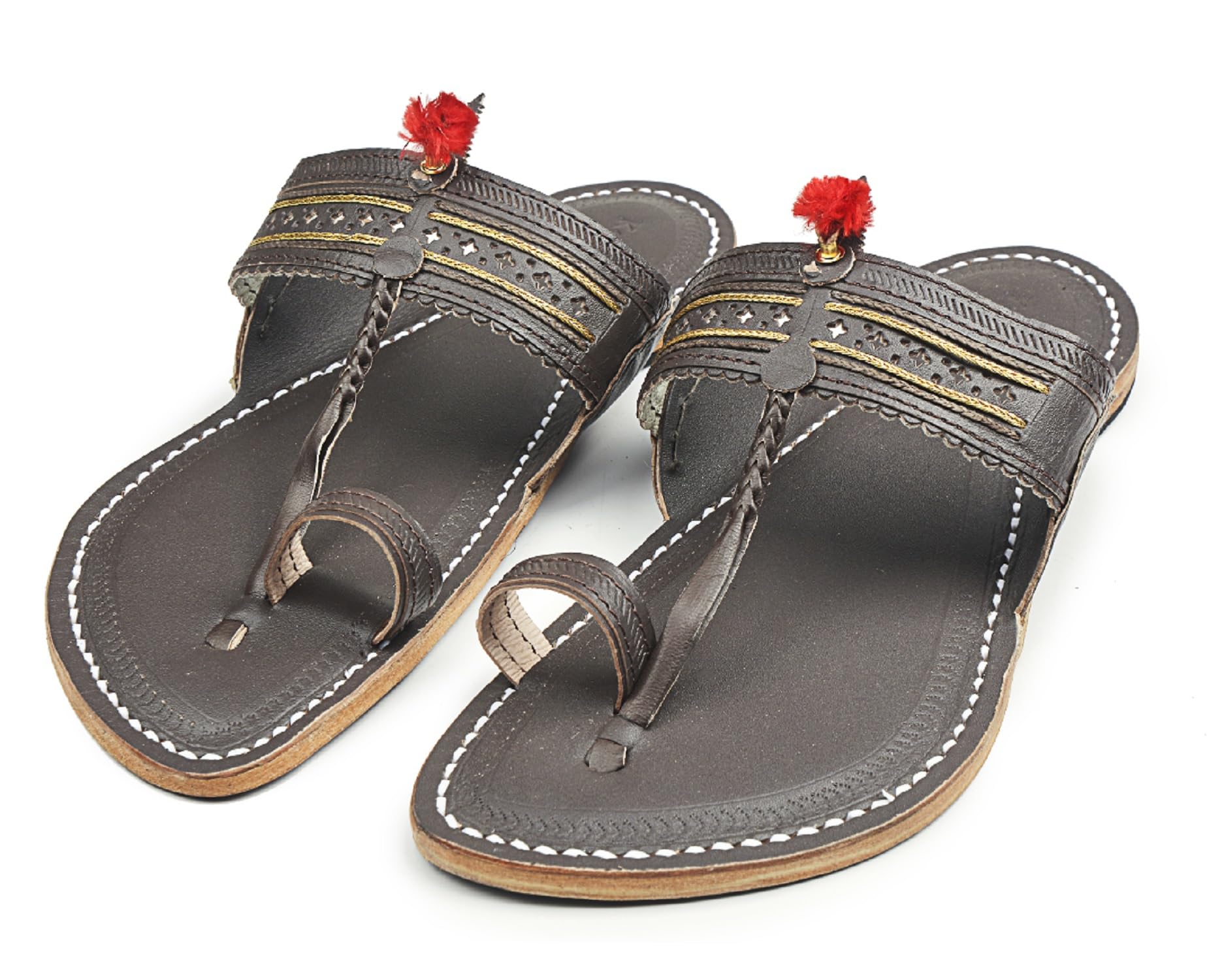 KORAKARI Mens Elegant Brown Kolhapuri Chappal With Golden Jari | Smooth & Comfortable Flip Flops | Stylish Durable And Anti Slip Fashion Sandal | Traditional Footwear, Size_8 (B0BD7X2BFY) Amazon Price History, Amazon Price Tracker