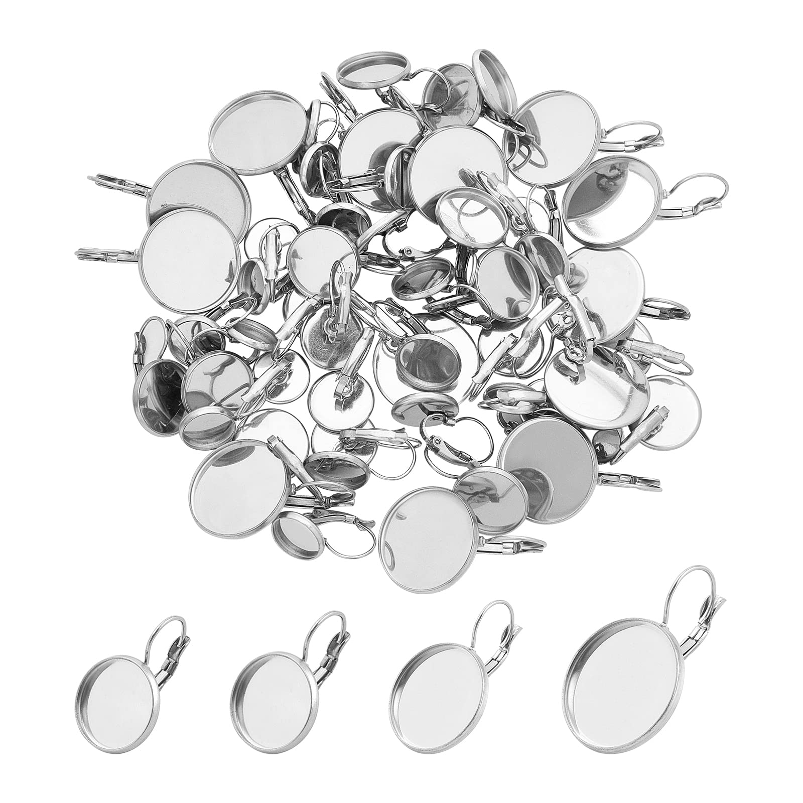 UNICRAFTABLE 56pcs 4 Sizes 10/12/14.5/20mm Lever Back Hook Earrings Flat Round Tray Blank Cabochon Setting Stainless Steel Earring Cup Bezel Setting Cabochon Earrings for Jewelry Making 0.7-0.8mm Pin