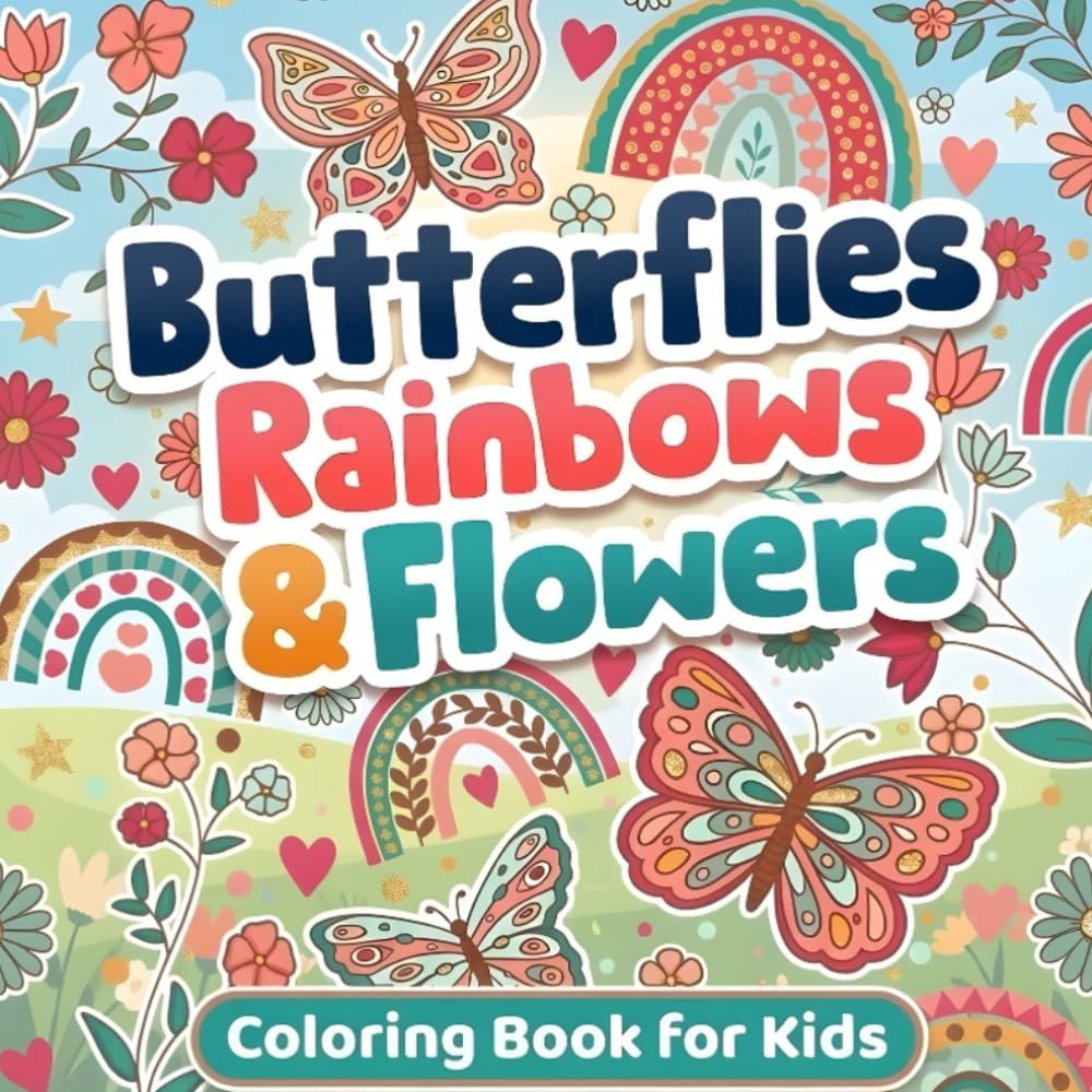 Coloring Book for Kids Butterflies, Rainbows and Flowers: Cute & Fun Coloring Pages for Girls Ages 3–12 Beautiful Butterflies, Happy Rainbows & Lovely Flowers