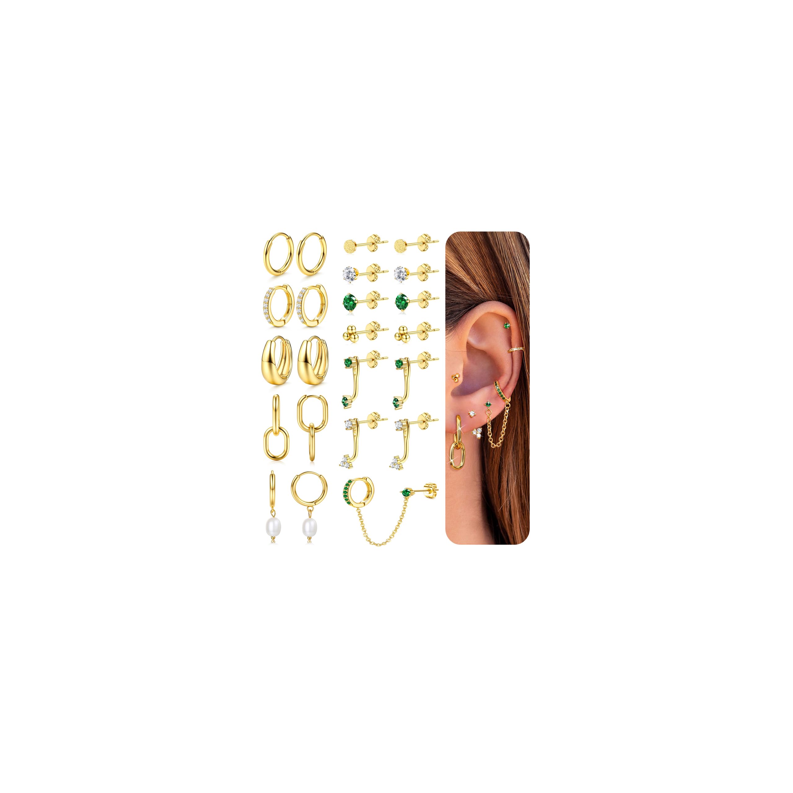 LOYALLOOK Gold Earrings for Women 14K Gold Plated Stud Hoop Earring Stacks for Multiple Piercing Hypoallergenic Surgical S...