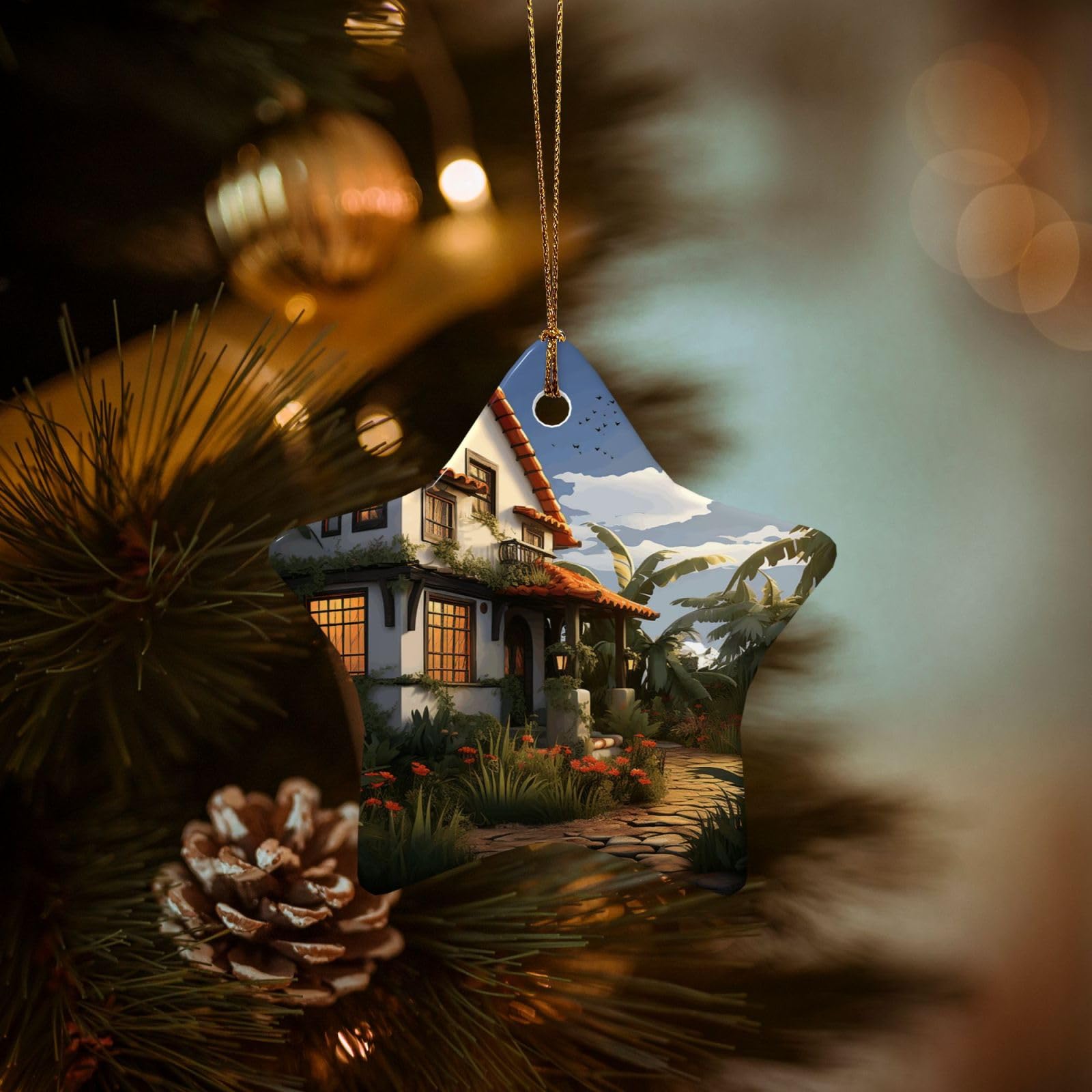 Christmas Tree Ornaments Ceramics Christmas Decorations Farmhouse Ornaments with Gold Ribbon Porcelain Xmas Tree Crafts Star Shape Hanging Pendant for Christmas Tree Party Decor