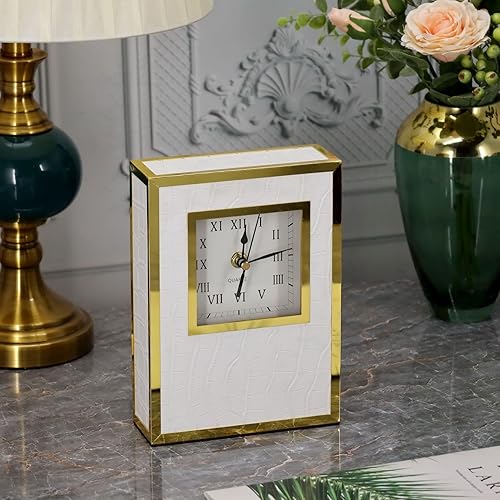 Miniatura 2 de Shagreen - Reloj de mesa de cuero dorado para chimenea, reloj de estante grande, moderno, sin tictac, decorativo, funciona con pilas, para