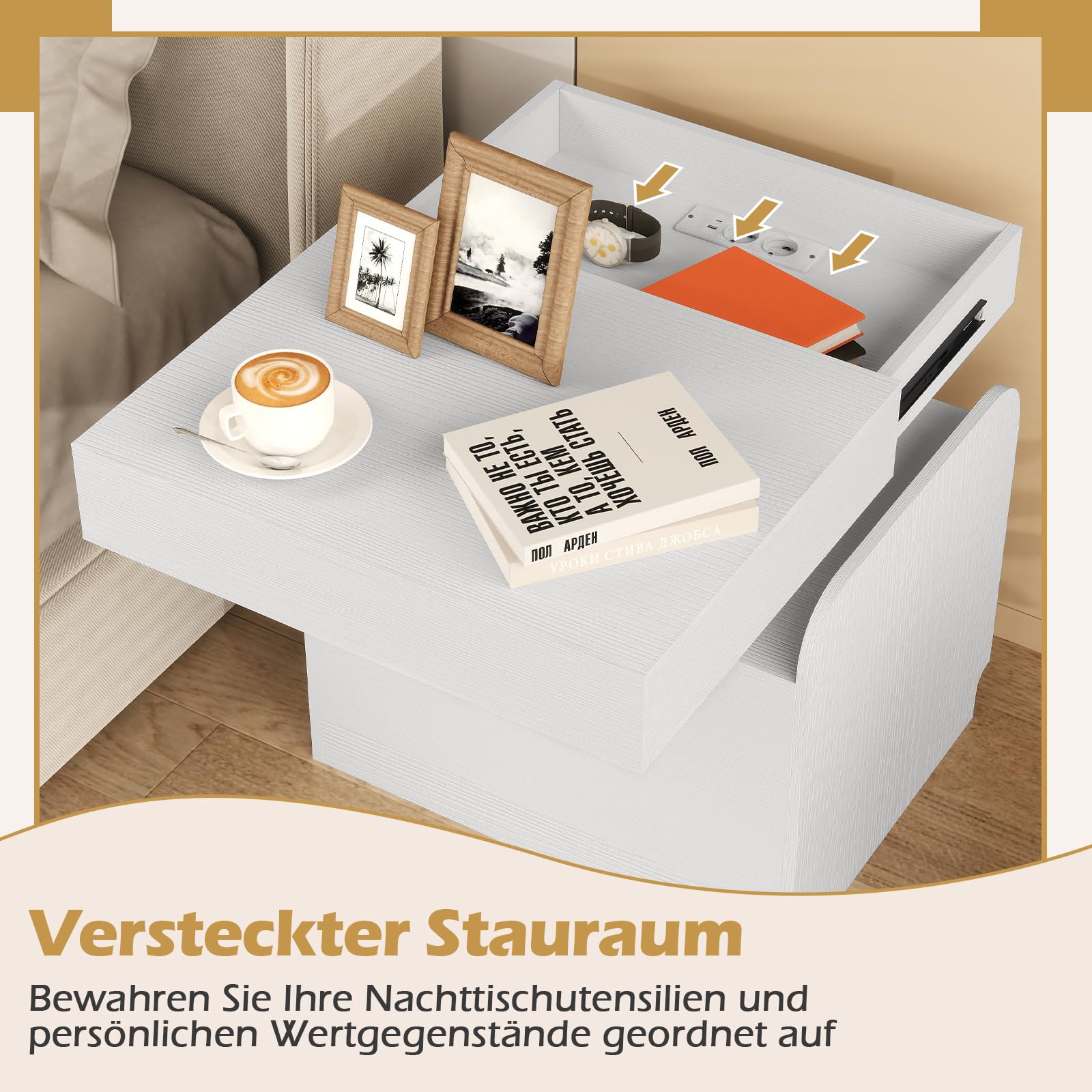COSTWAY Stolik nocny z 2 gniazdka, 1 USB, 1 Type-C, szufladą i tajną przegródką, 50x40x55 cm biały