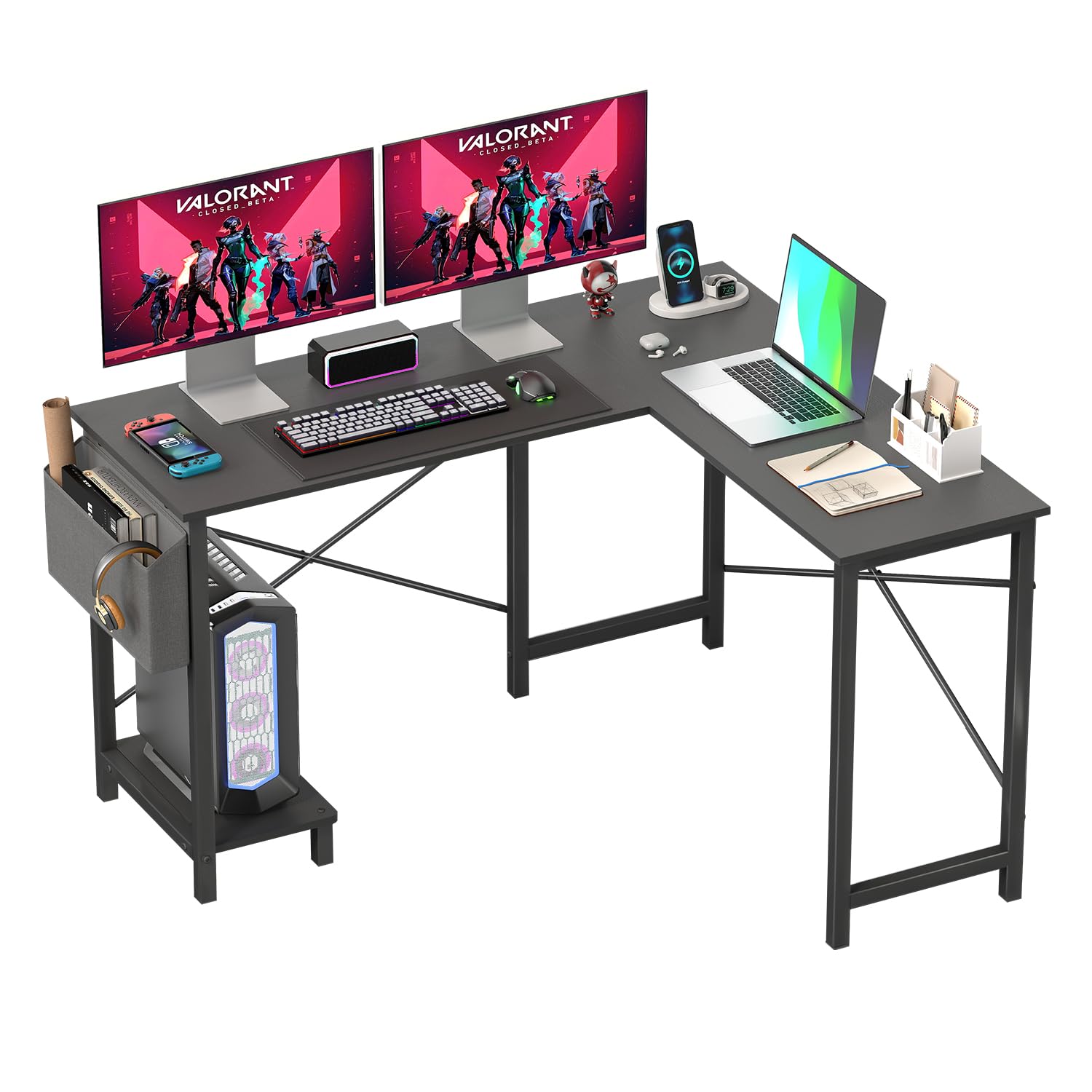 FDW 50 Inch L-Shaped Desk,Gaming Desk Computer Desk with Side Storage Bag & CPU Stand,Corner Desk for Home Office,Bedroom,Writing & Gaming,Black