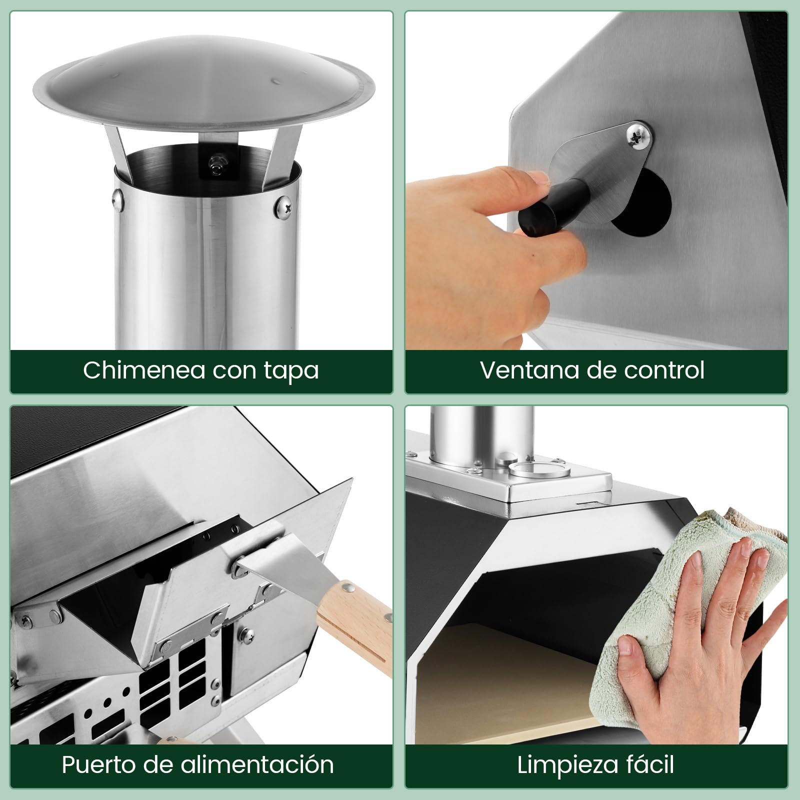 COSTWAY Horno Pizza Exterior 12", Pizza Oven Portátil de Acero Inoxidable, Horno de Leña con Piedra para Pizza, Patas Plegables, Termómetro y Pala de Pizza para Cocinar al Aire Libre