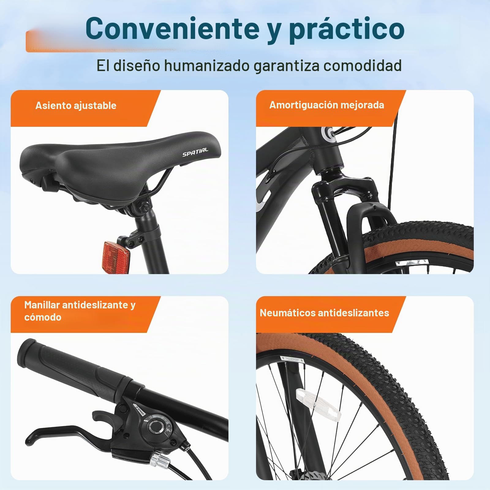 SPATIAL MTB Bicicleta de Montaña para Adultos y Jóvenes - 29/27,5/26/24 Pulgadas, 8/21 Velocidades, Frenos de Disco Mecánicos Dobles, Cuadro de Aluminio, Suspensión Delantera, Asiento Ajustable