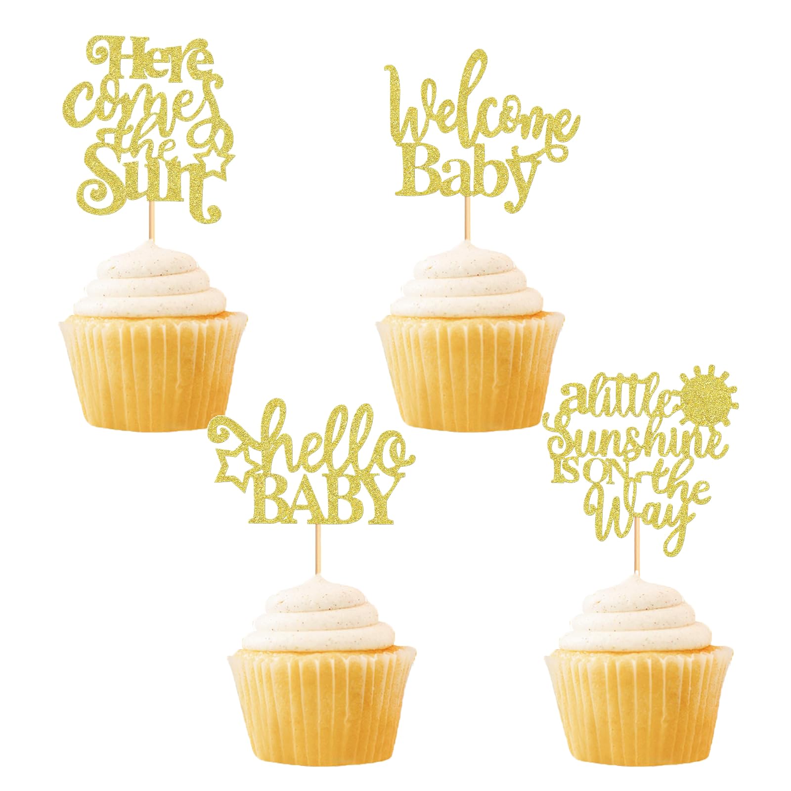 24Pcs Welcome Baby Cupcake Toppers Here Comes The Sun A Little Sunshine is On The Way Cake Toppers Decorations for Kids Birthday Party Baby Shower Supplies