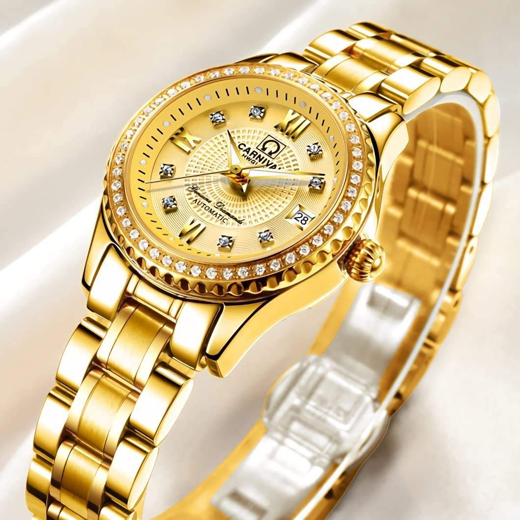 MASTOP Damen-Diamant-Armbanduhr, automatisch, mechanisch, Edelstahl, leuchtend, wasserdicht, luxuriös, elegante Uhr