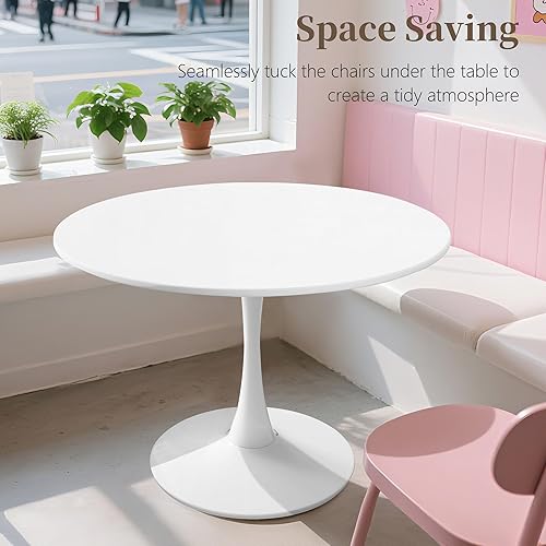 Miniatura 8 de Mesa de comedor redonda de 42 pulgadas, mesa de tulipanes de mediados de siglo con base de pedestal de metal, mesa de ocio moderna para espacios