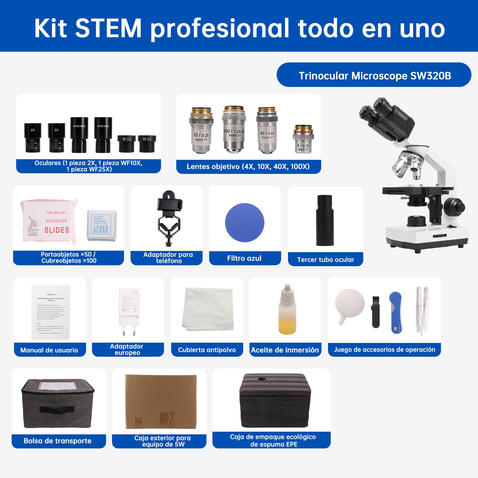 SWIFT SW320B Microscopio Binocular Profesional Compuesto de Laboratorio | 40X-5000X, soporte para teléfono y accesorios para experimentos, cuerpo de metal para adultos y estudiantes